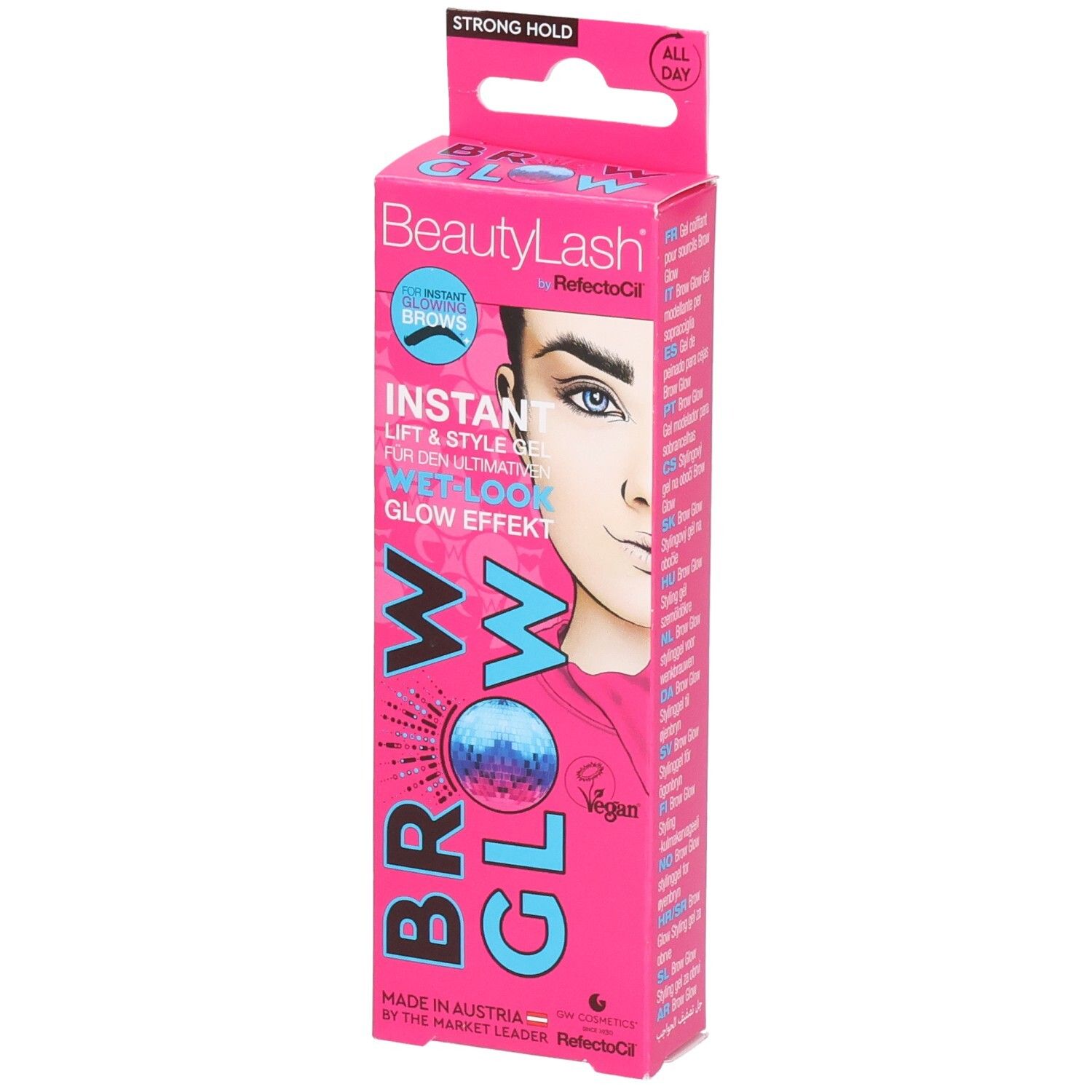 Emballage rose Refectocil BEAUTYLASH BROW GLOW. Inscription : BROW GLOW, BeautyLash, Instant Brows, Wet-Look Glow Effect.