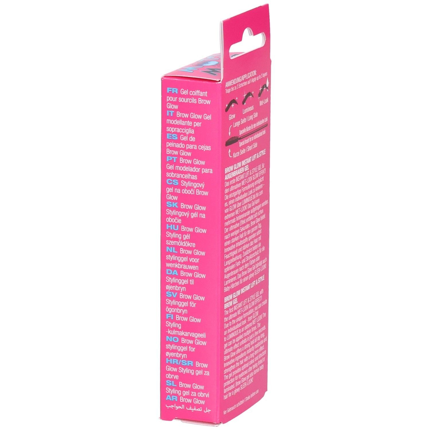 Emballage rose Refectocil BEAUTYLASH BROW GLOW. Texte multilingue.