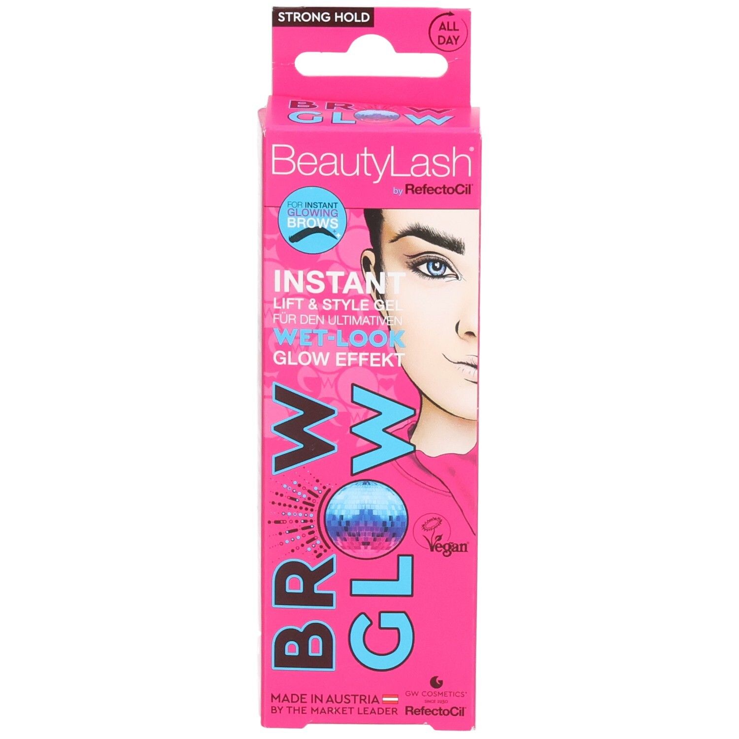 Emballage rose avec texte et illustration d'un visage. Contient le logo de la marque et le nom du produit.