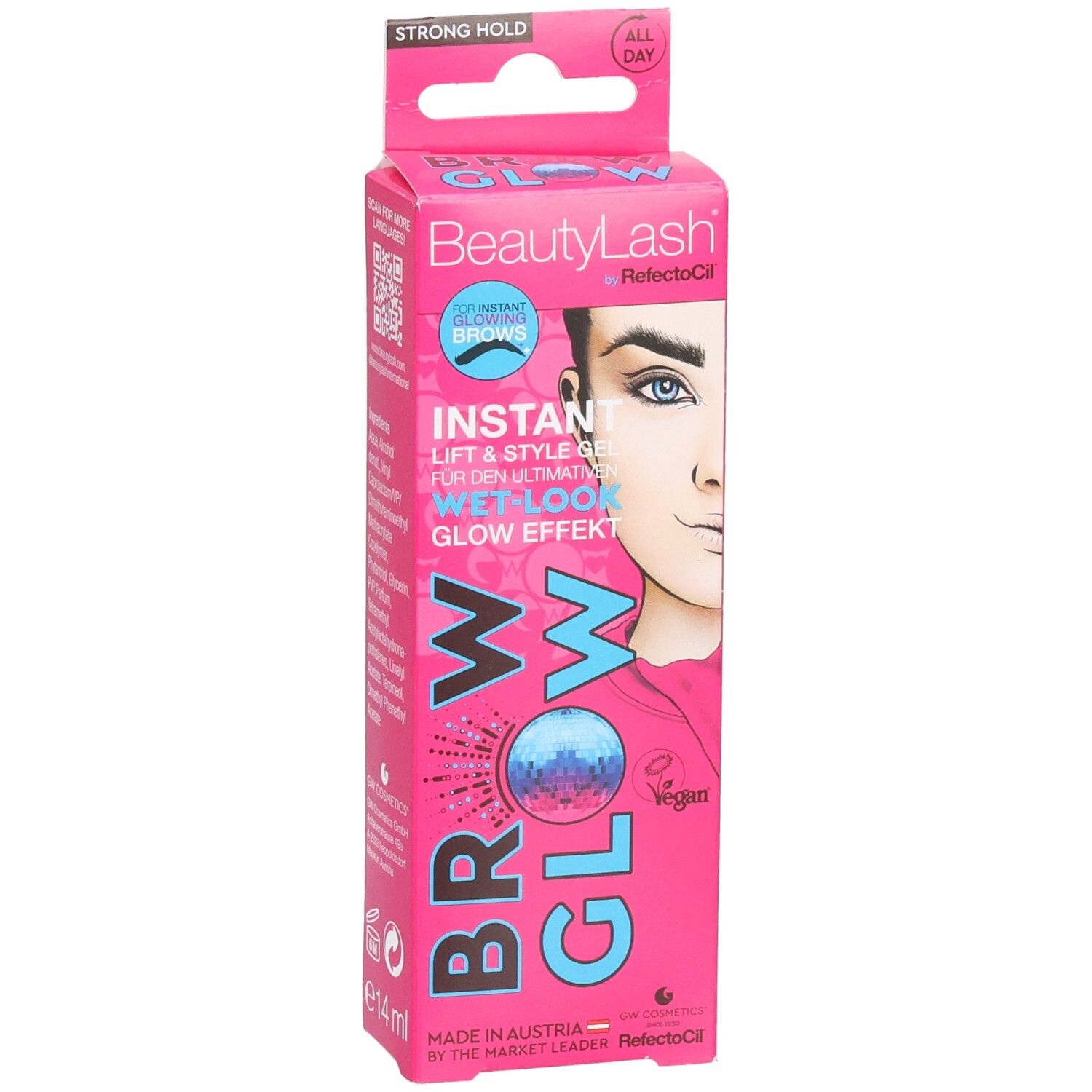 Emballage rose avec texte et illustration d'un visage. Contient le logo de la marque et le nom du produit.