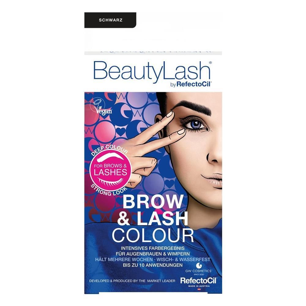 BeautyLash Brow & Lash Colour Schwarz: Kartonverpackung mit Abbildung einer Frau und Produktinformationen.