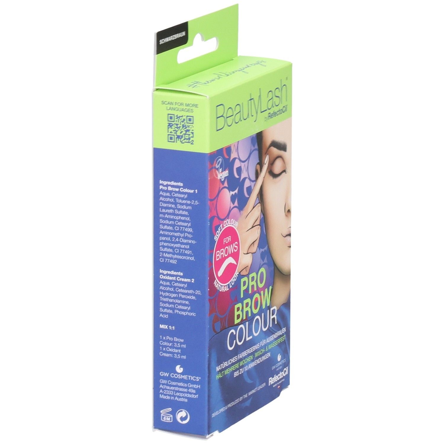 Verpackung für BeautyLash Pro Brow Colour mit Augenabbildung und Produktinformationen.