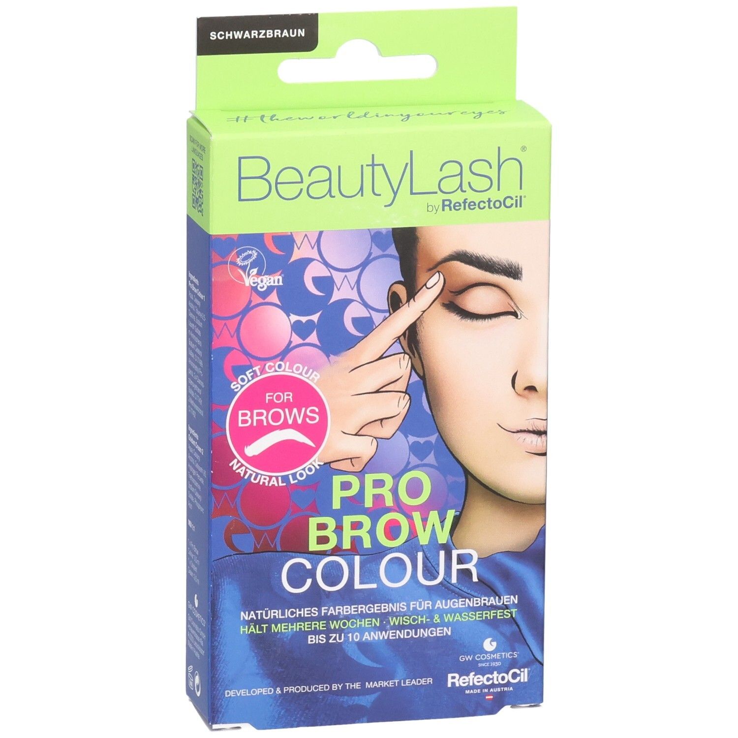 Verpackung für BeautyLash Pro Brow Colour in Schwarzbraun. Zeigt eine Frau, die ihre Augenbraue berührt.