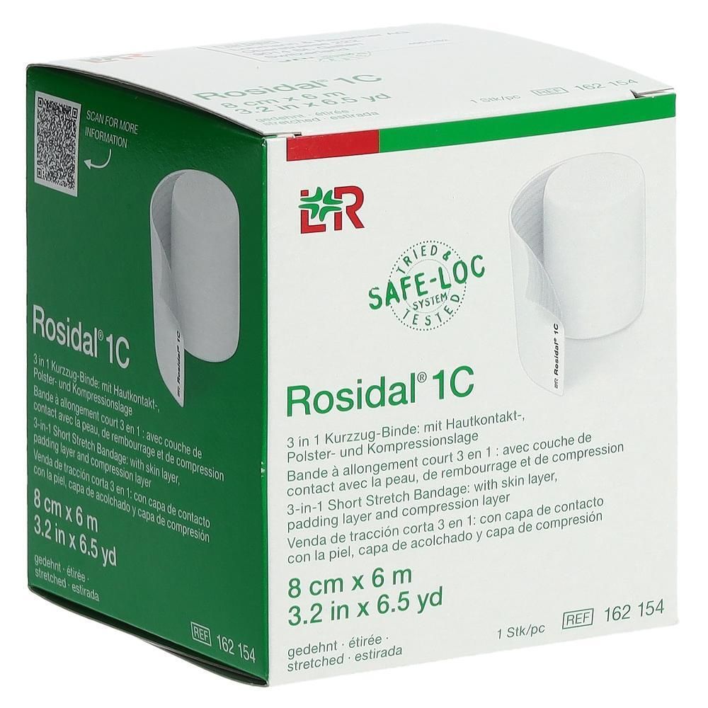 Verpackung von Rosidal 1C Kompressionsbinde, 8 cm x 6 m, mit Hautkontakt-Polster- und Kompressionslage.