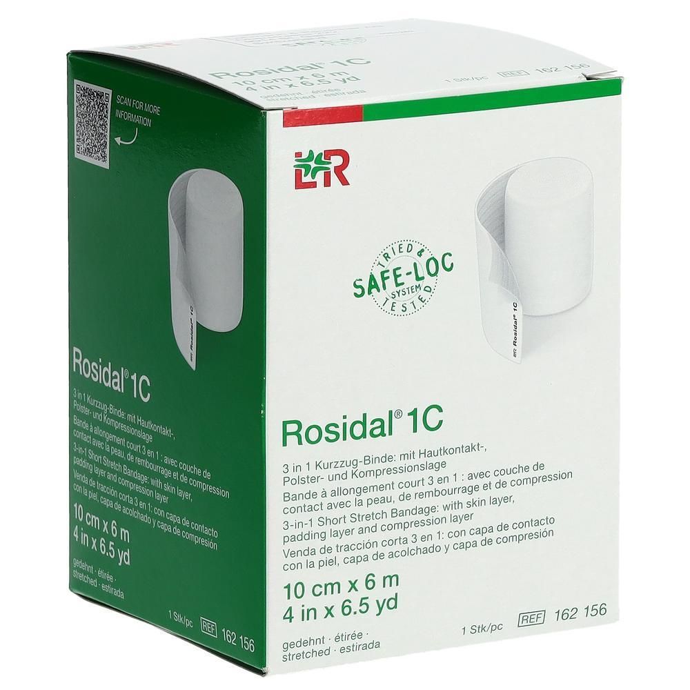 Verpackung von Rosidal 1C Kompressionsbinde, 10 cm x 6 m, mit Hautkontakt-Polster- und Kompressionslage.