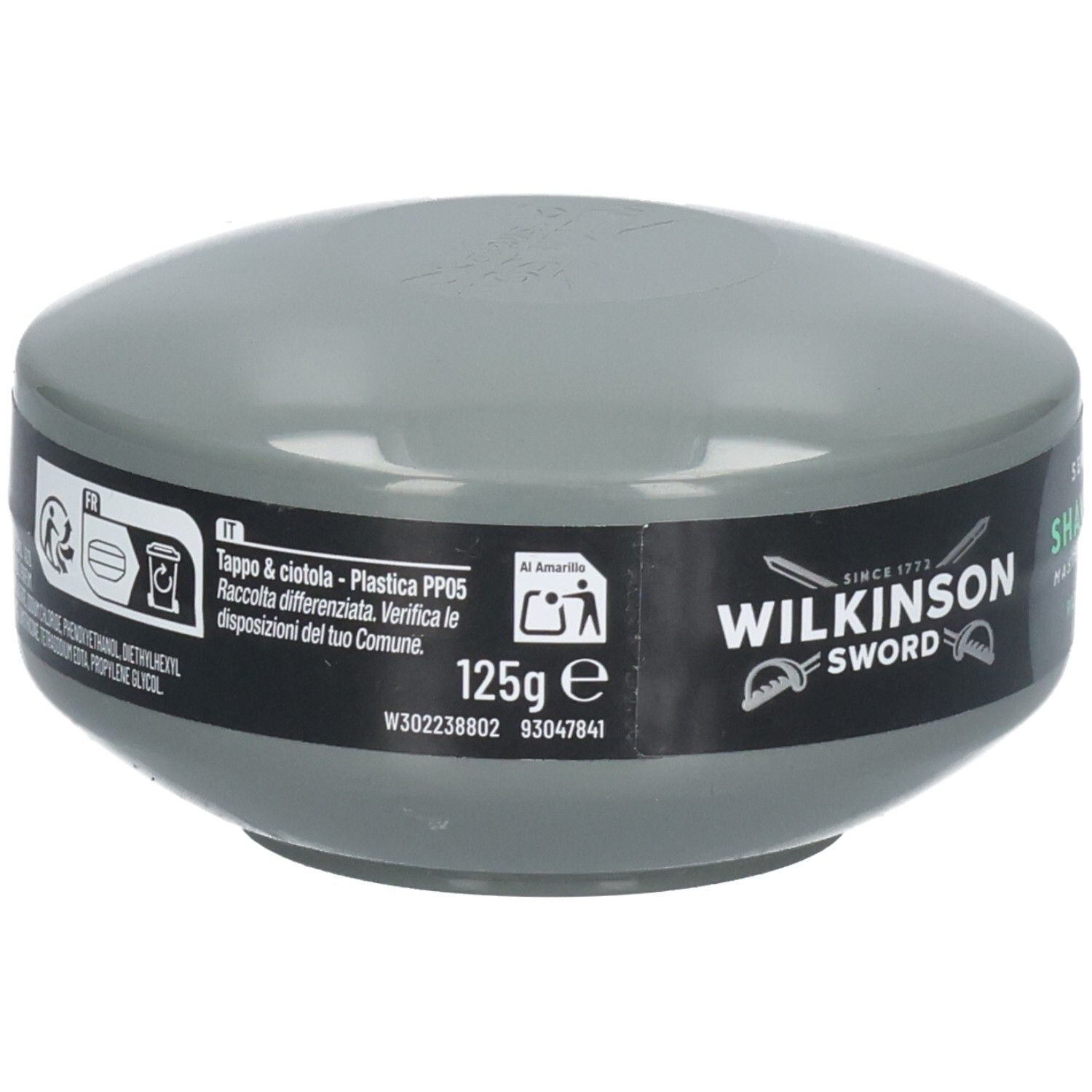 Wilkinson Sword Rasierseife im Tiegel, sensitive, 125g, mit Recycling-Hinweisen.