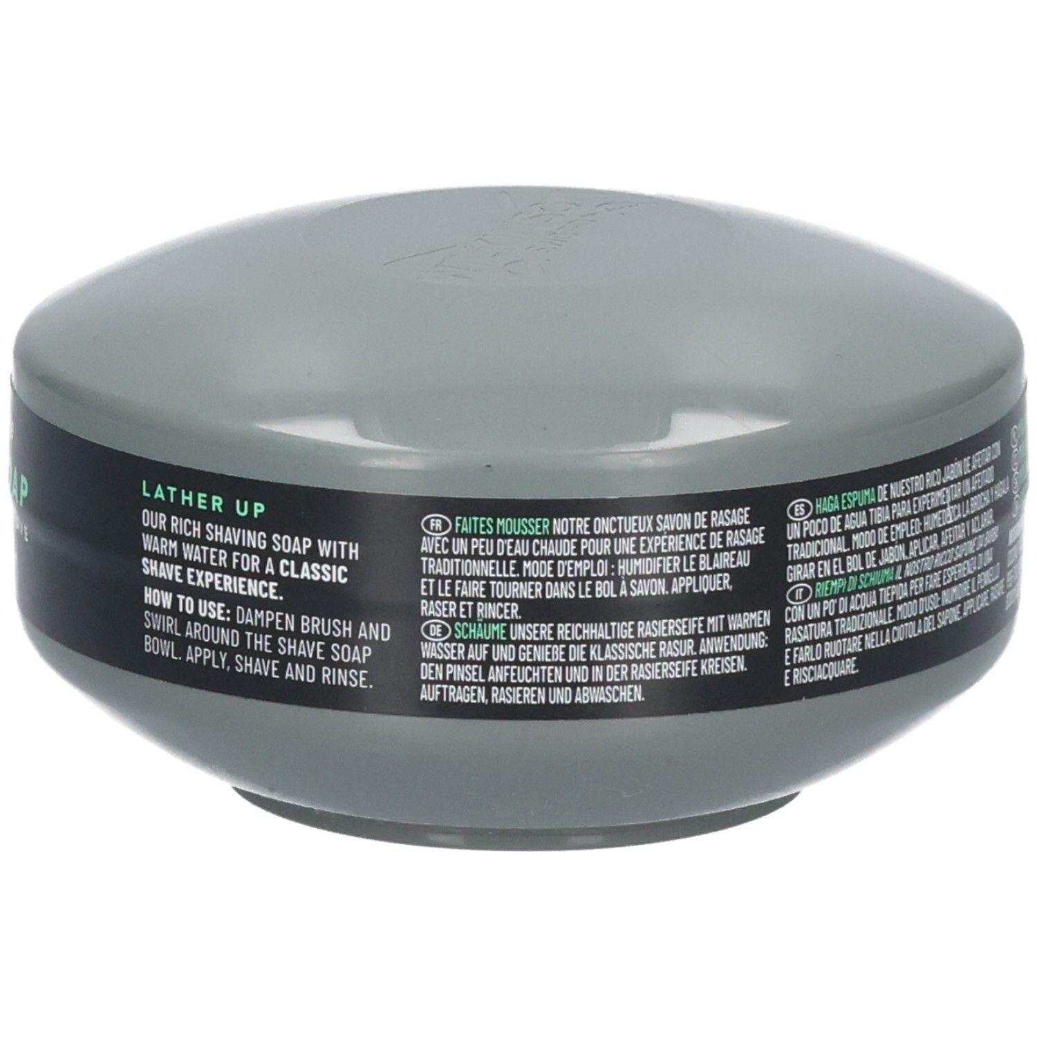 Wilkinson Sword Rasierseife im Tiegel, sensitive, 125g. Mehrsprachige Anwendungshinweise.