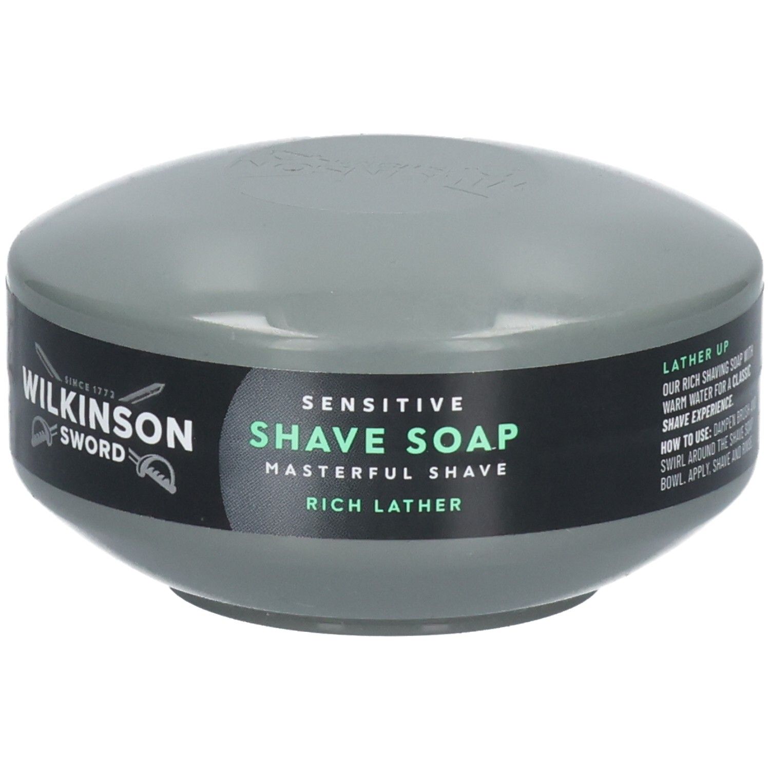 Wilkinson Sword Rasierseife im Tiegel, sensitive, 125g, mit Anleitung.