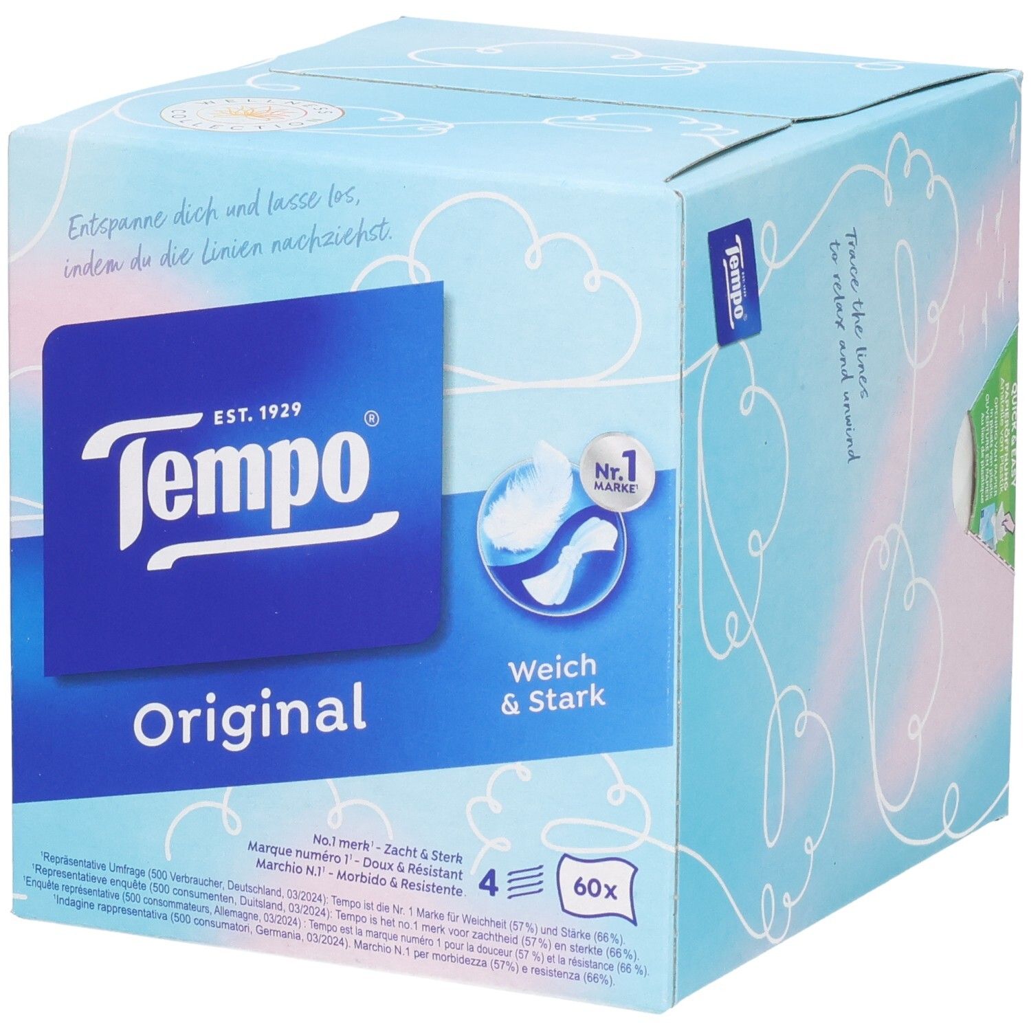 Boîte cube de mouchoirs Tempo, 60 unités, Original, Doux & Résistant.