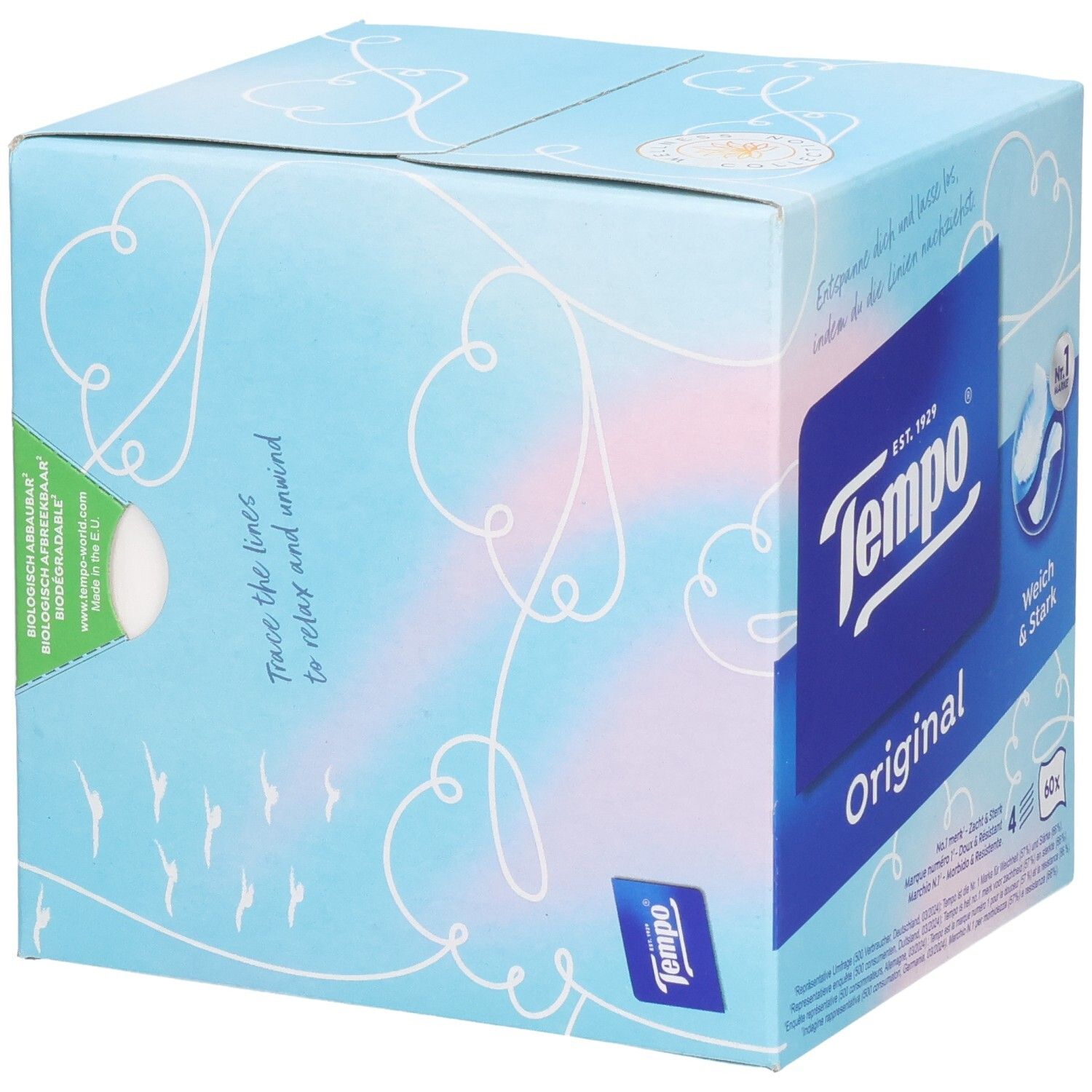 Boîte cube de mouchoirs Tempo, 60 unités, Original, motif nuages.