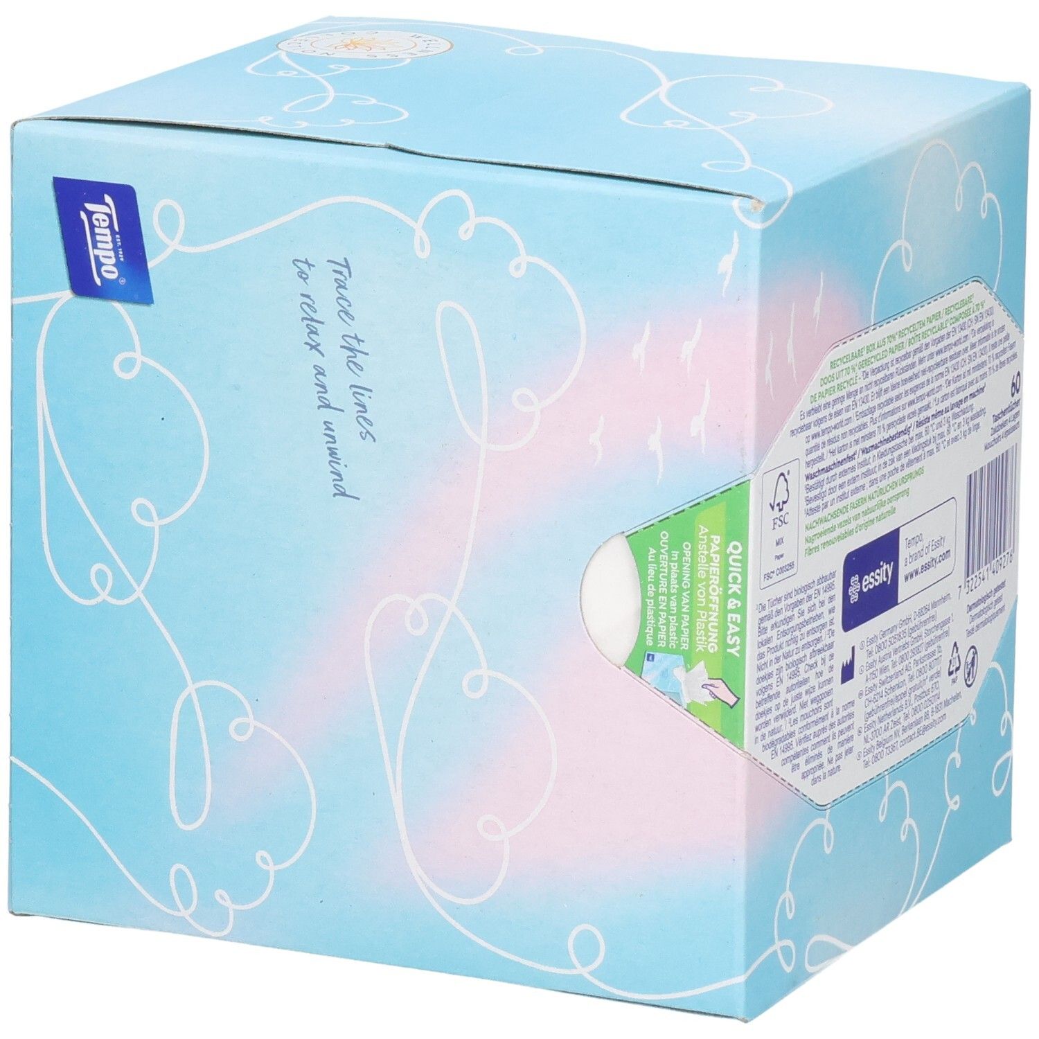 Côté d'une boîte cube de mouchoirs Tempo avec ouverture de distribution Quick & Easy.