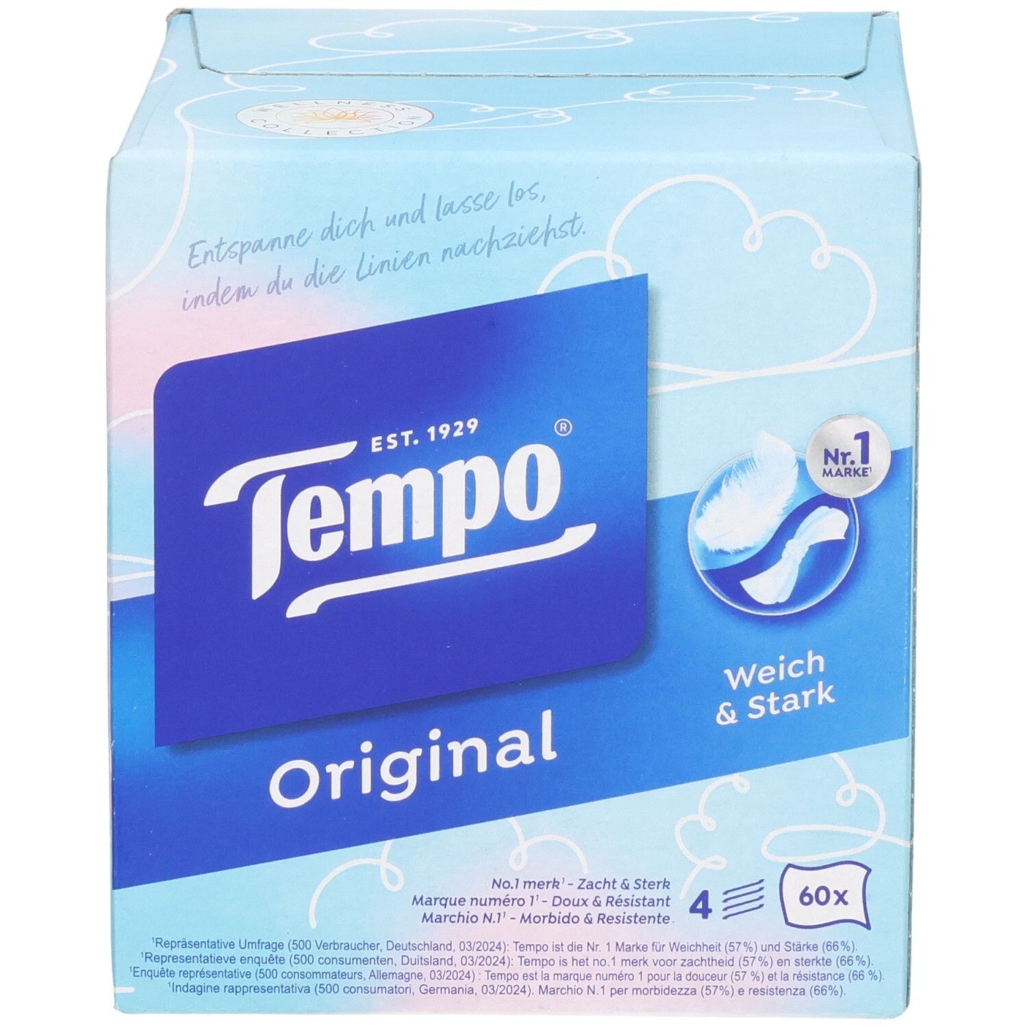 Boîte cube de mouchoirs Tempo, 60 unités, Original, Doux & Résistant, Marque N°1.