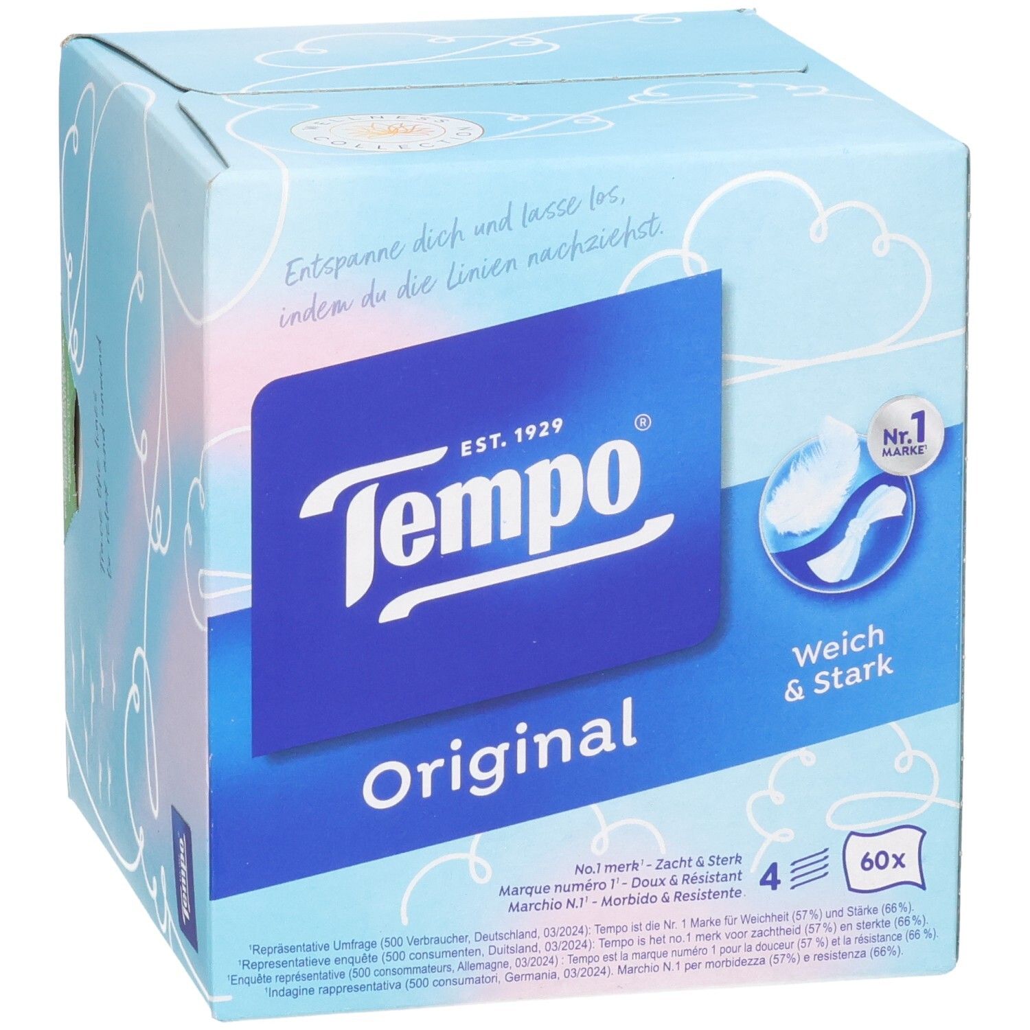 Boîte cube de mouchoirs Tempo, 60 unités, Original, avec nuages et texte.
