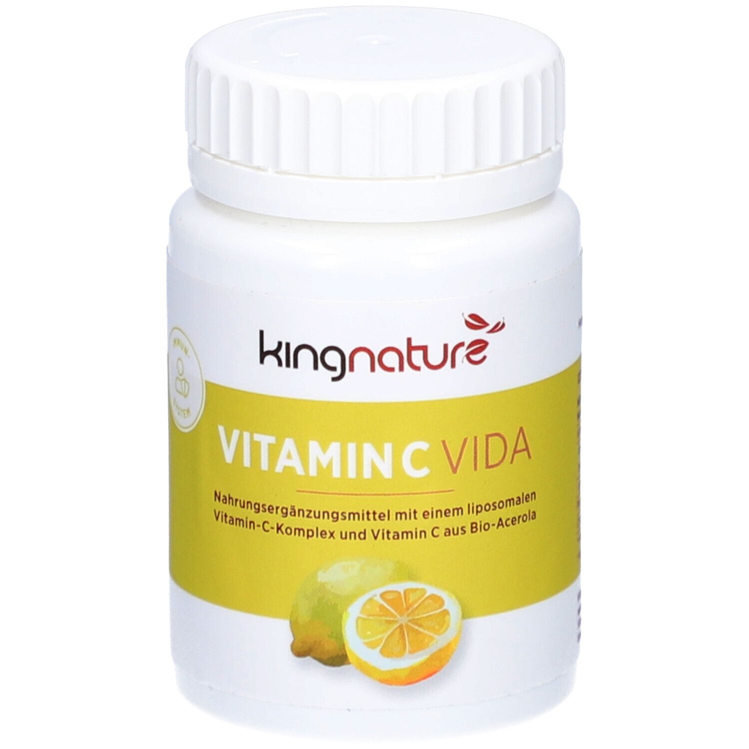 Weiße Flasche mit Schraubverschluss. Gelbes Etikett mit Produktnamen und Zitronen-Illustration. Marke: kingnature.
