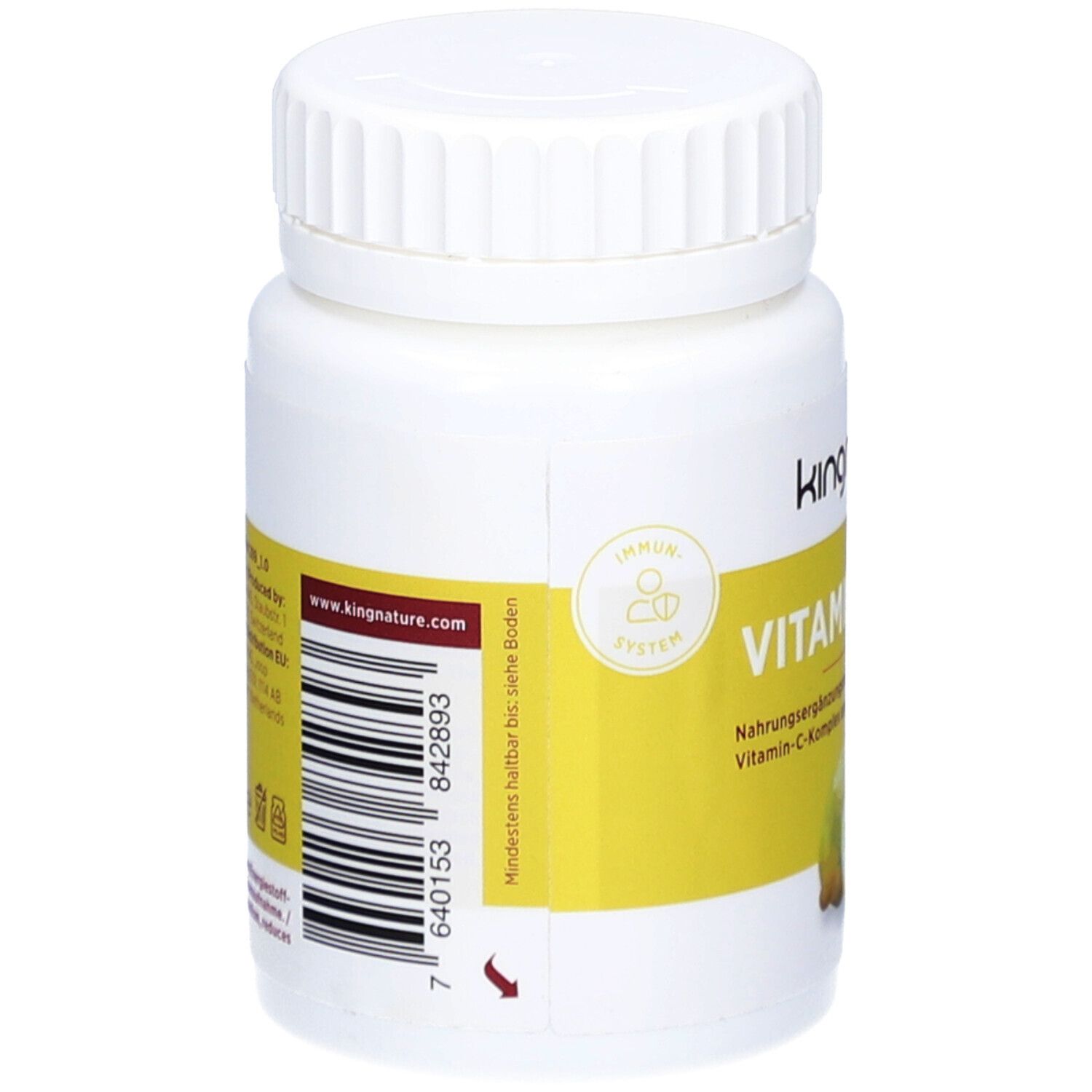 Weiße Flasche mit Schraubverschluss. Gelbes Etikett mit Barcode und Text. Marke: kingnature. Aufschrift: Vitamin C Vida.