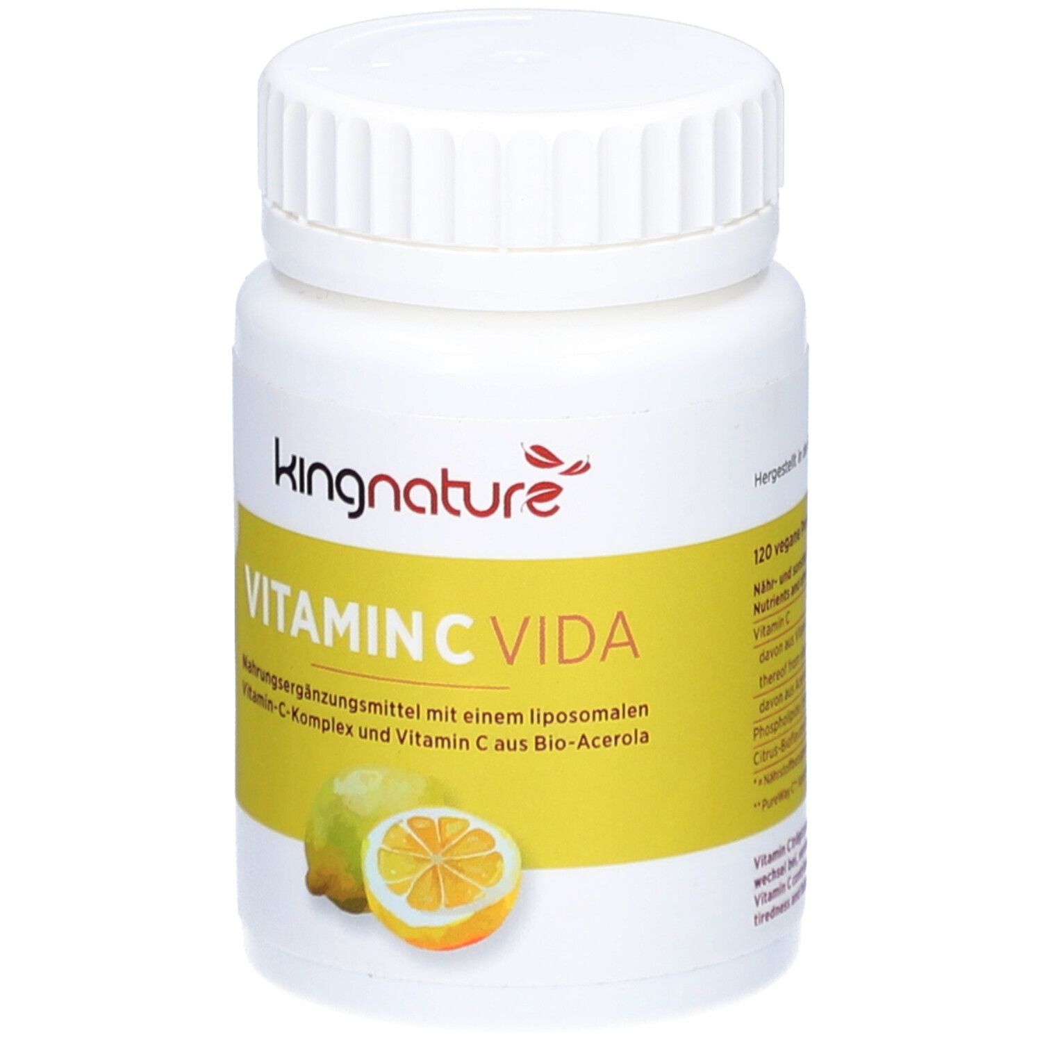 Weiße Flasche mit Schraubverschluss. Gelbes Etikett mit Produktnamen und Text. Marke: kingnature. Aufschrift: Vitamin C Vida.