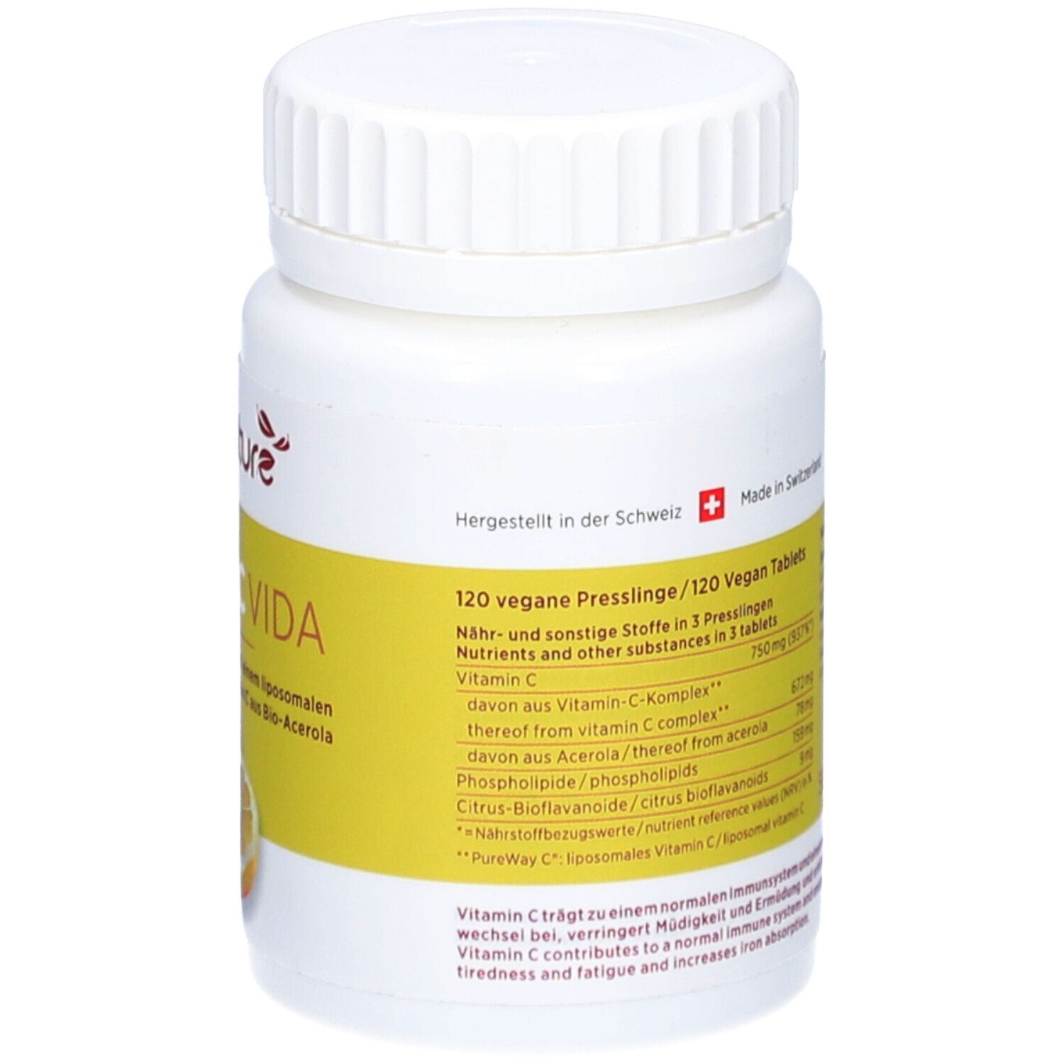 Weiße Flasche mit Schraubverschluss. Gelbes Etikett mit Text und Nährwertangaben. Aufschrift: 120 vegane Presslinge. Hergestellt in der Schweiz.