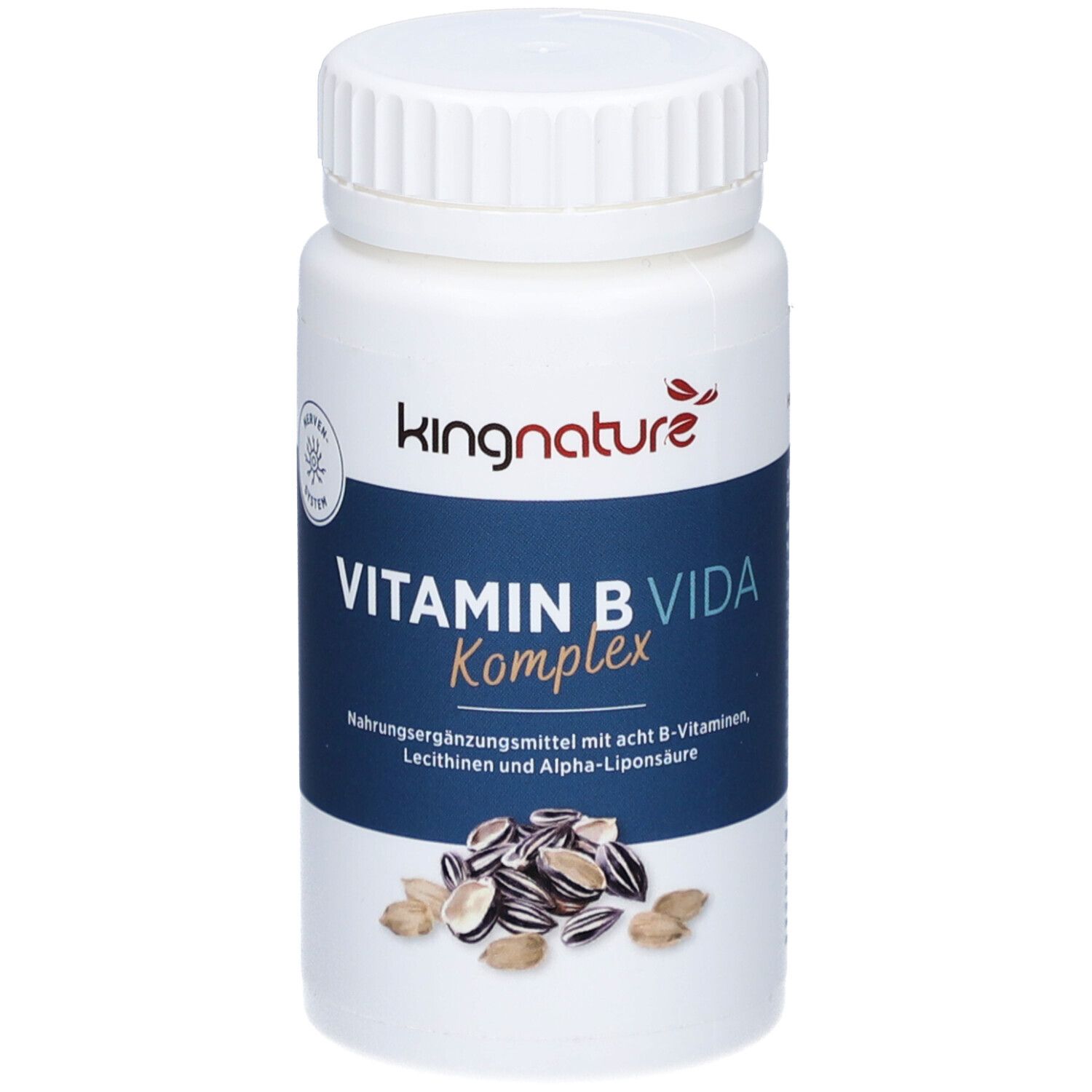 Flacon blanc avec bouchon à vis. Inscription : kingnature, VITAMIN B VIDA Komplex. Illustration de graines de tournesol.