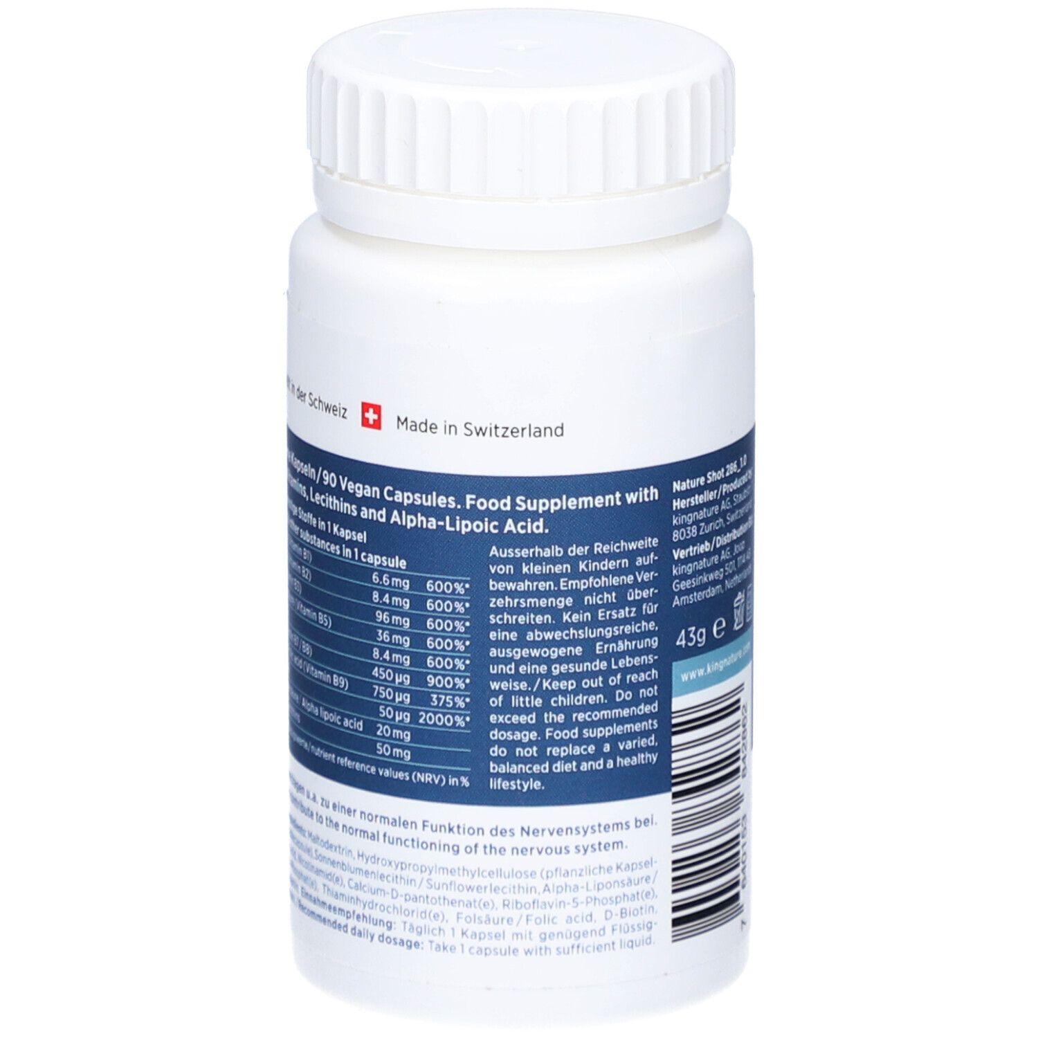 Flacon blanc, dos. Texte avec informations nutritionnelles et ingrédients. 45g e. Fabriqué en Suisse.