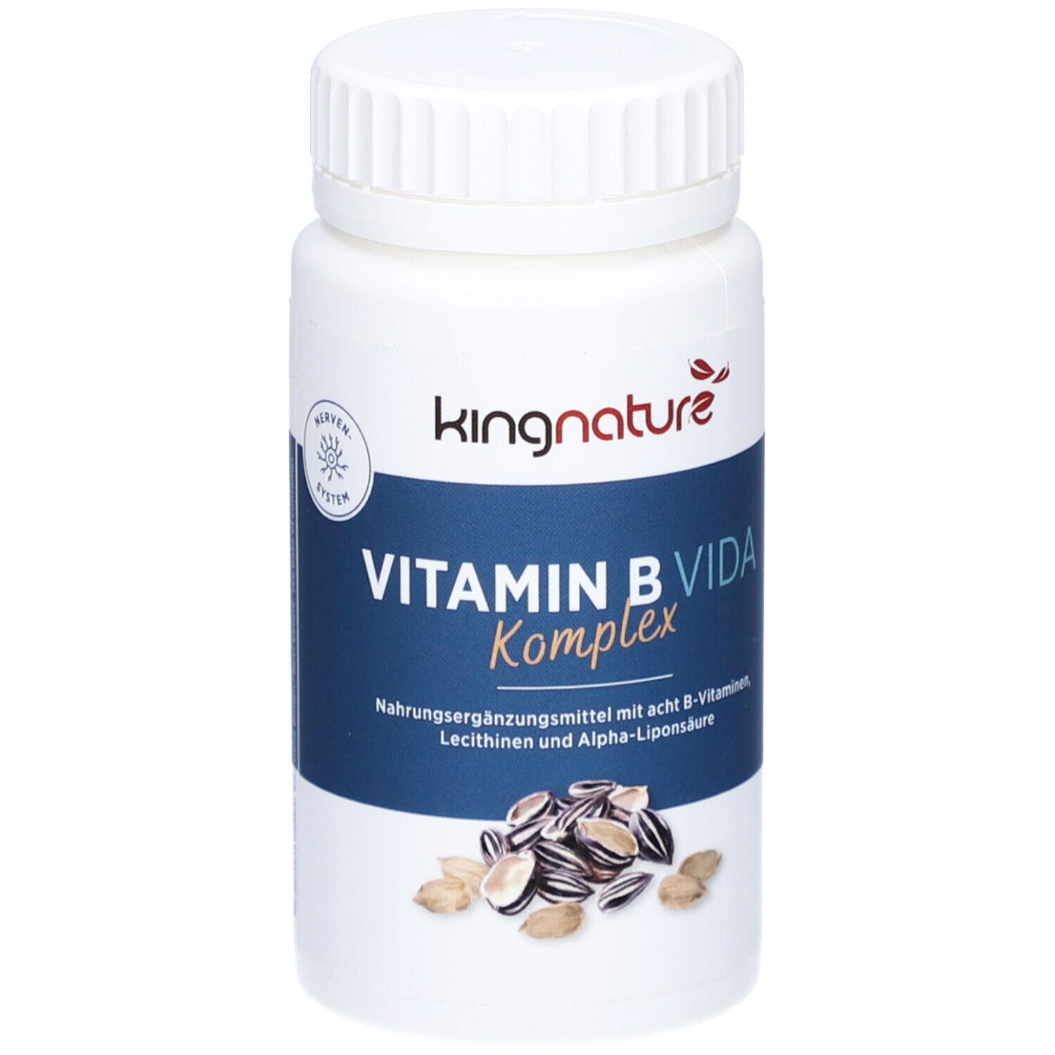 Flacon blanc avec bouchon à vis. Inscription : kingnature, VITAMIN B VIDA Komplex. Illustration de graines de tournesol.