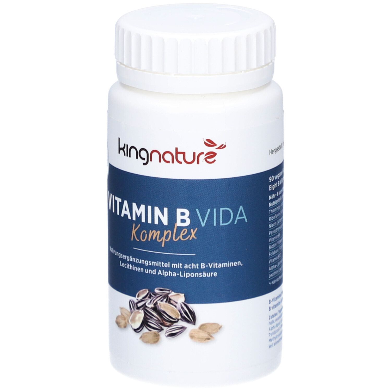 Flacon blanc avec bouchon à vis. Inscription : kingnature, VITAMIN B VIDA Komplex. Illustration de graines de tournesol.