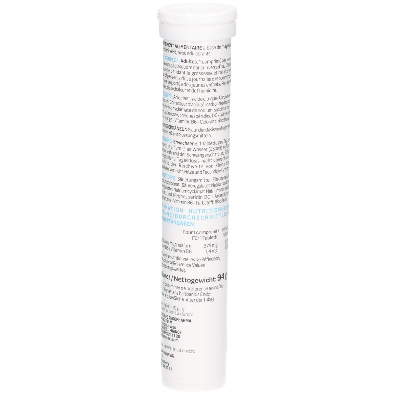 Rückseite der ArkoPharma Arkomag Magnesium B6 Brausetabletten Röhre mit Nährwertangaben und Inhaltsstoffen.