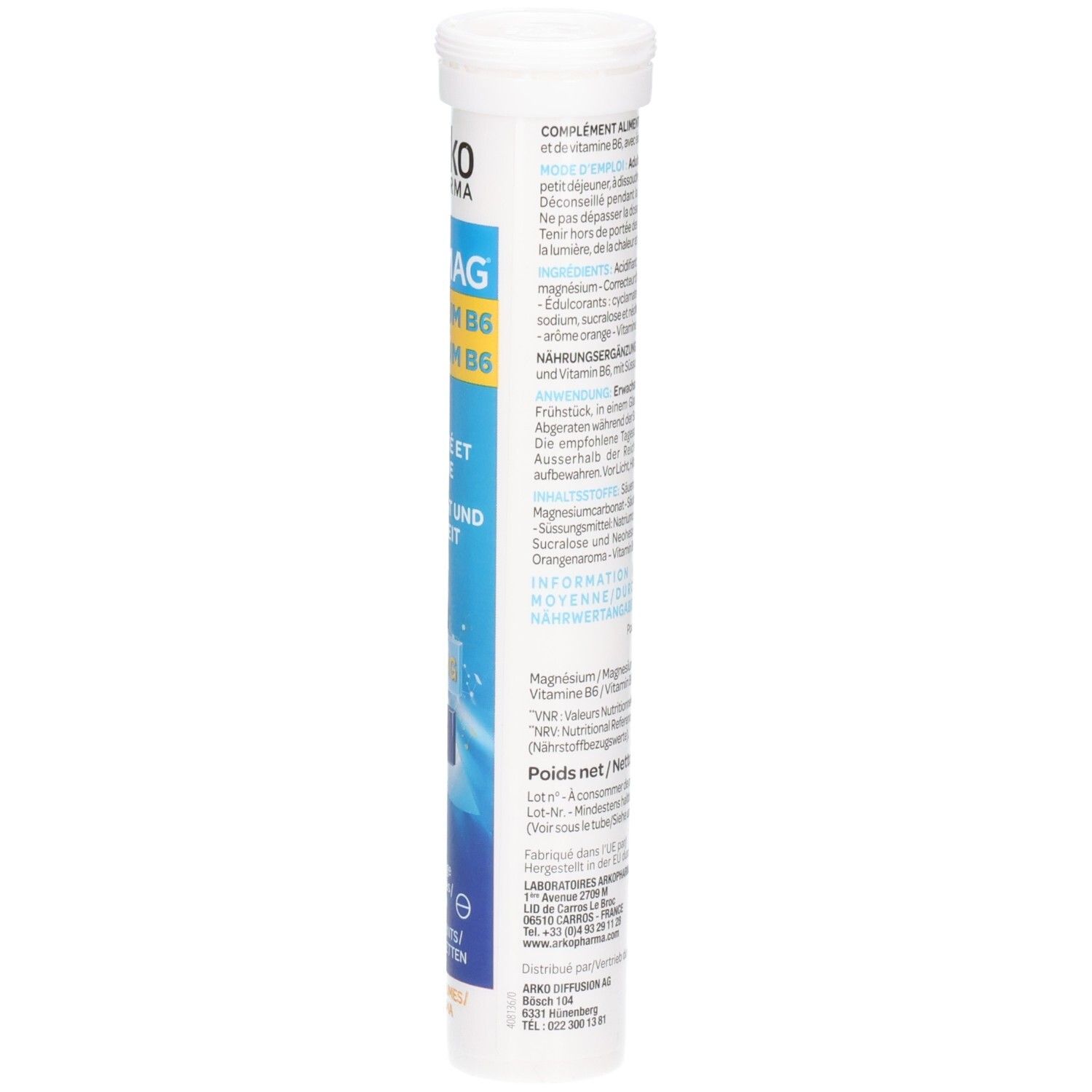 Seitenansicht der ArkoPharma Arkomag Magnesium B6 Brausetabletten Röhre. Beschriftung mit Produktinformationen.