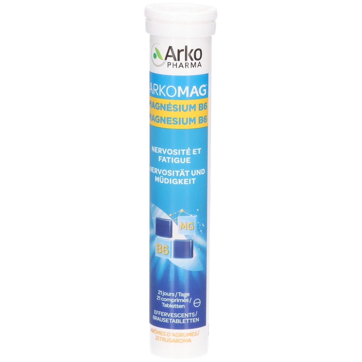 ArkoPharma Arkomag Magnesium B6 Brausetabletten Röhre. Vorderseite mit Aufschrift 'Nervosität und Müdigkeit'.