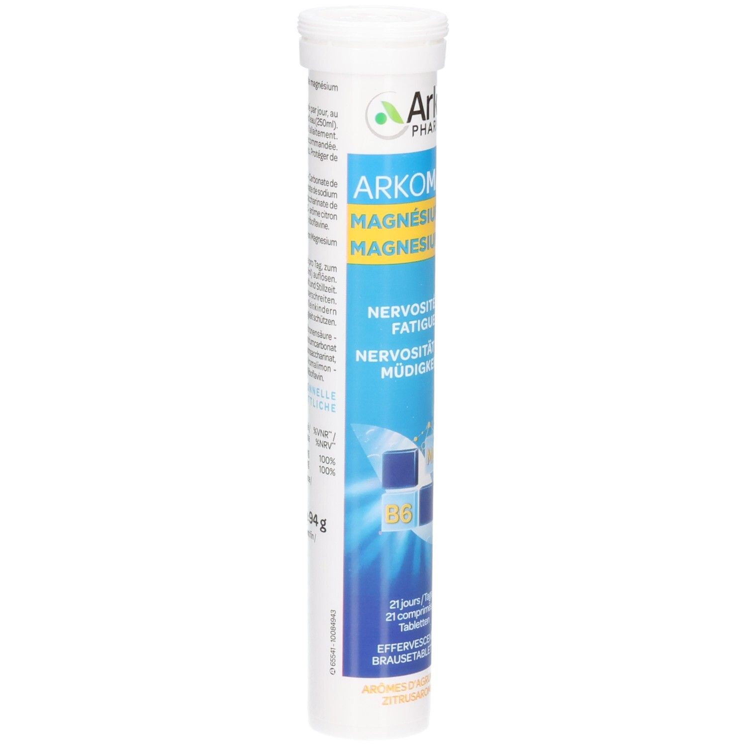ArkoPharma Arkomag Magnesium B6 Brausetabletten Röhre. Detailansicht der Beschriftung mit Magnesium und B6 Symbolen.