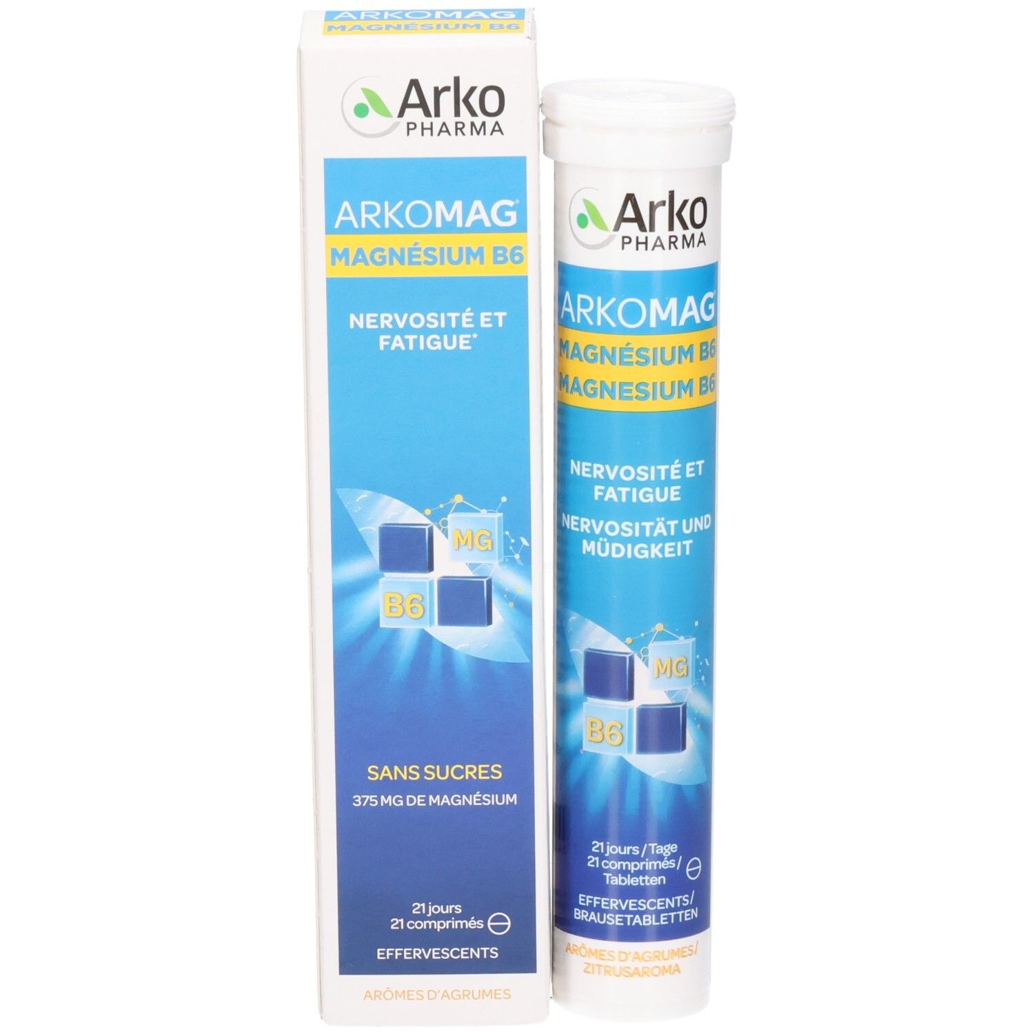 ArkoPharma Arkomag Magnesium B6 Brausetabletten Röhre und Faltschachtel. Produktinformationen auf beiden Verpackungen.