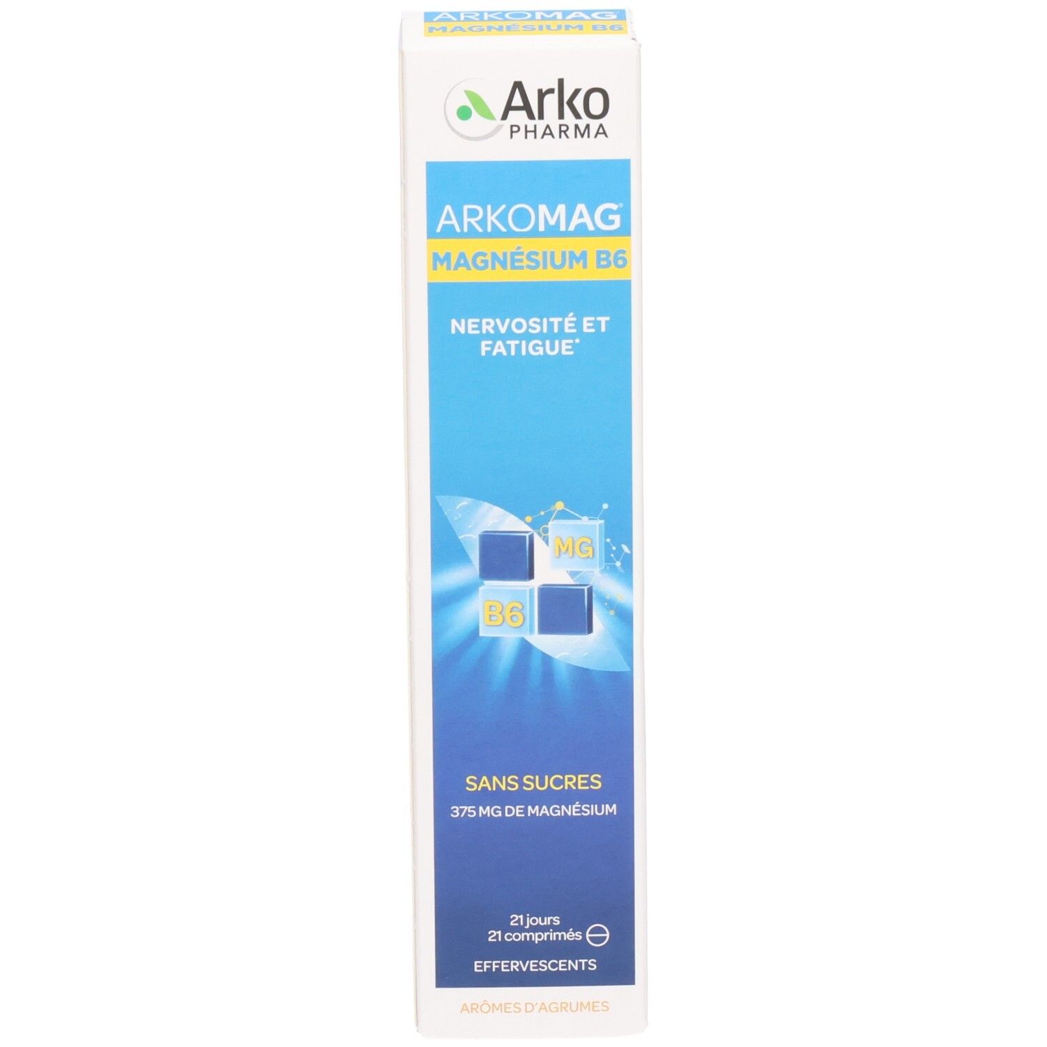 ArkoPharma Arkomag Magnesium B6 Faltschachtel. Vorderseite mit Produktnamen und 'Sans Sucres'.