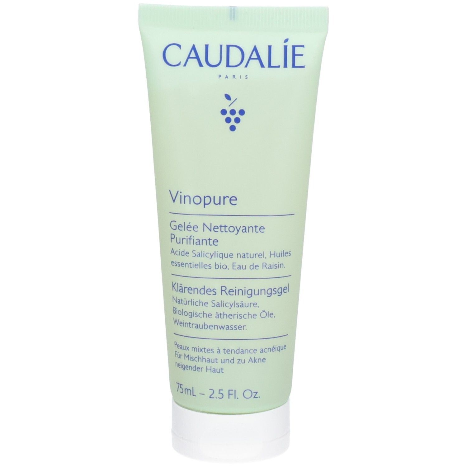 Tube vert avec logo CAUDALIE et nom du produit Vinopure. Texte en français et allemand. Bouchon blanc.