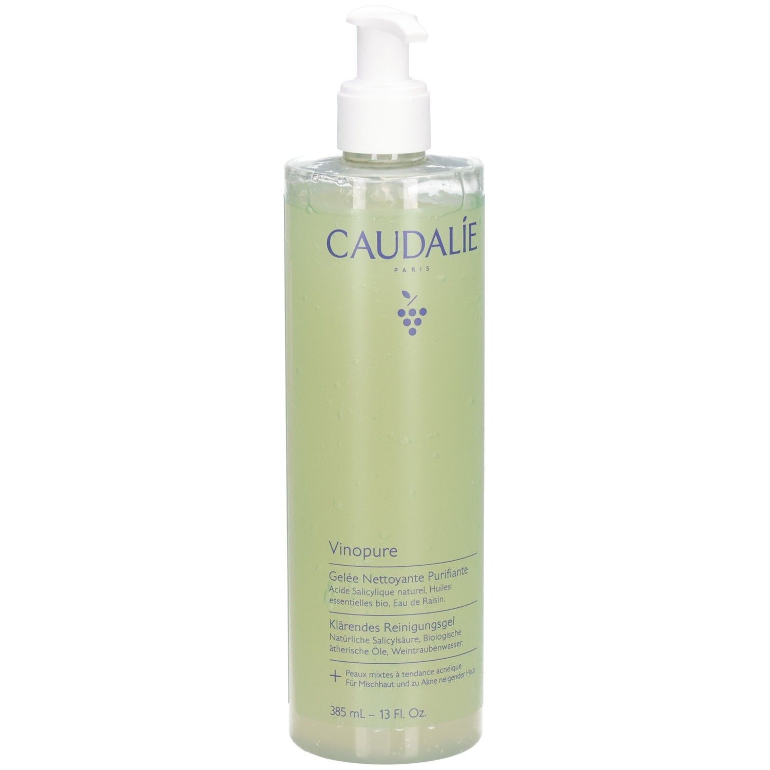 Caudalie Vinopure Reinigungsgel. Transparente Flasche mit Pumpe. Grünliche Flüssigkeit. Produktetikett mit Text.