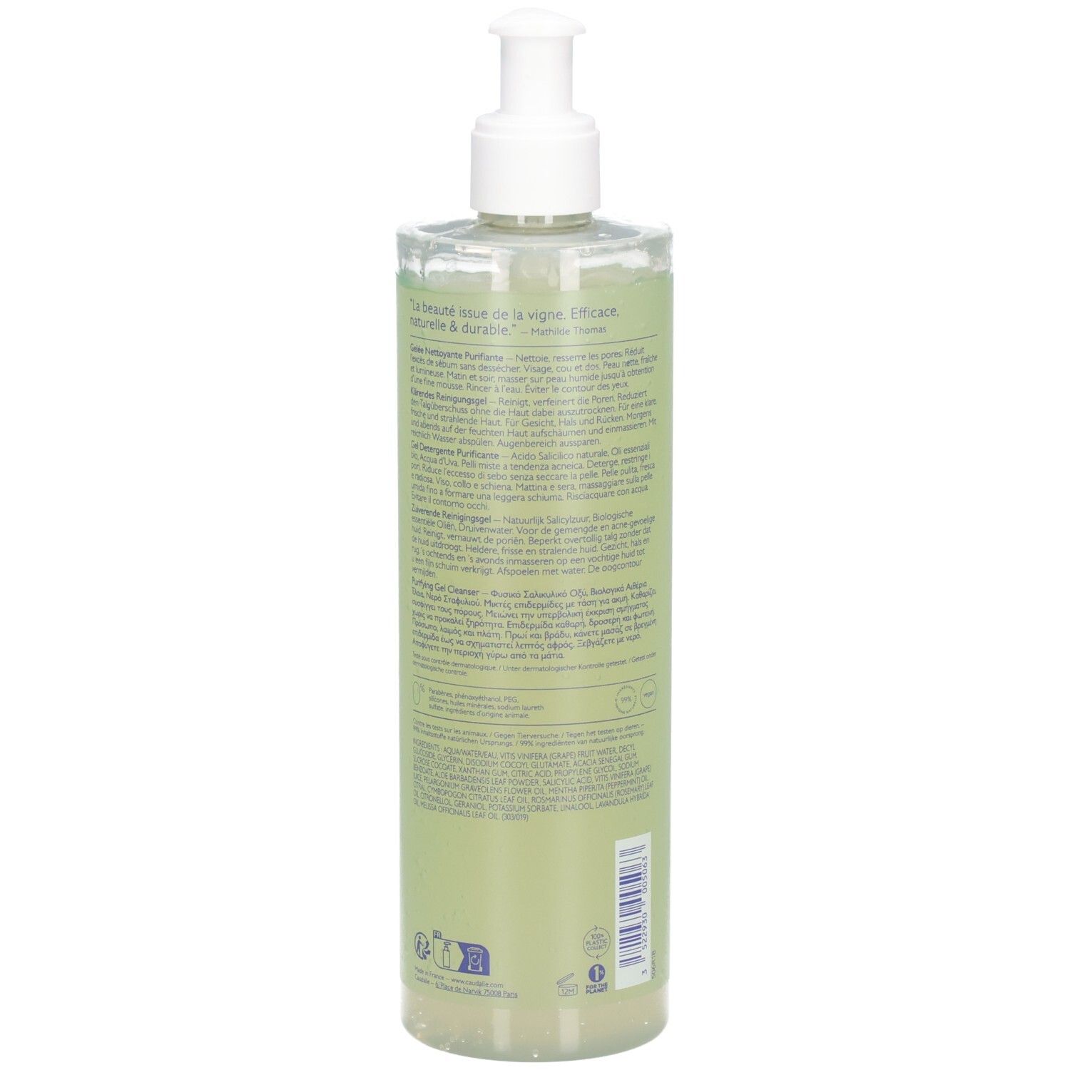 Rückseite der Flasche. Caudalie Vinopure Reinigungsgel. Text auf Etikett. Transparente Flasche mit Pumpe.