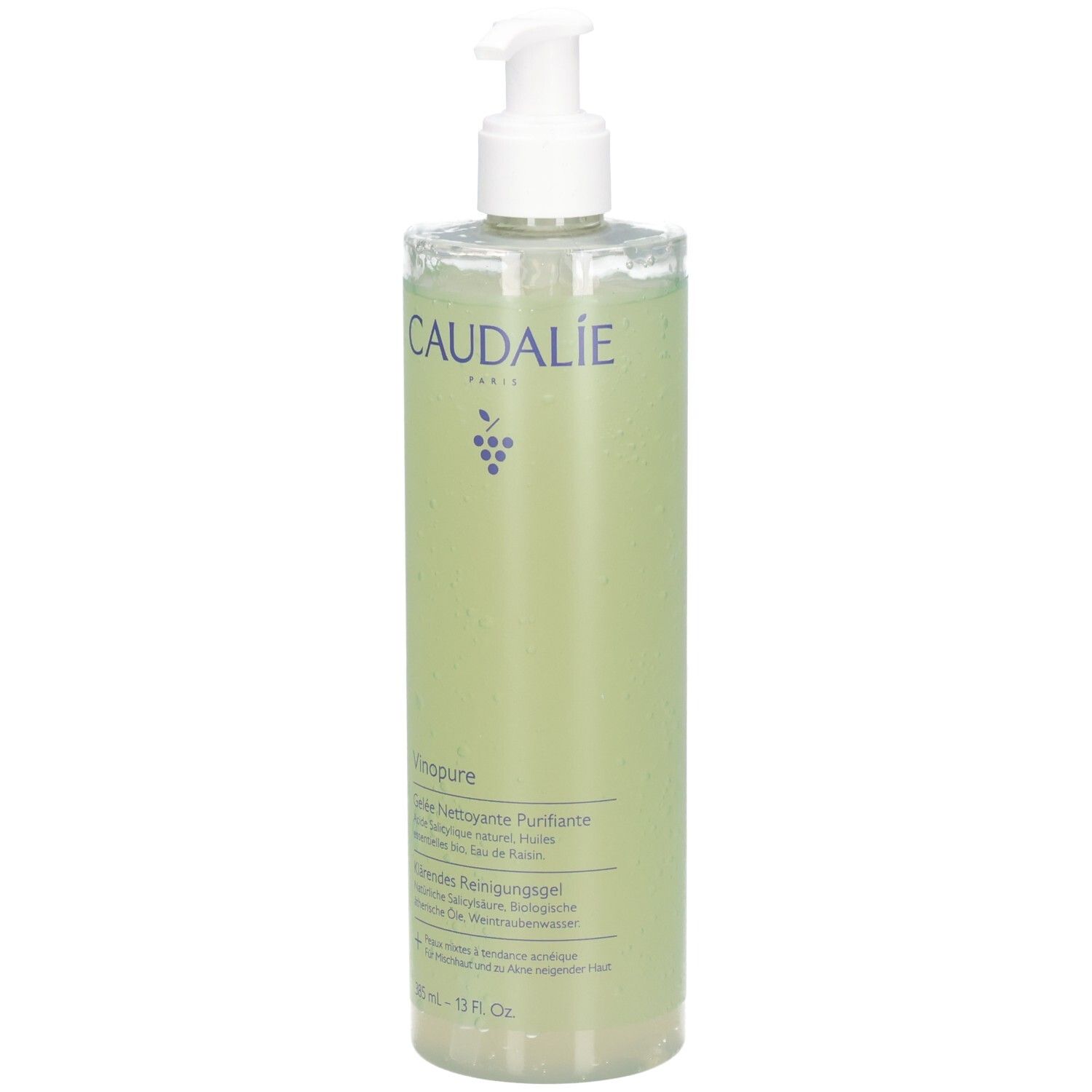 Caudalie Vinopure Reinigungsgel. Transparente Flasche mit Pumpe. Grünliche Flüssigkeit. Produktetikett mit Text.