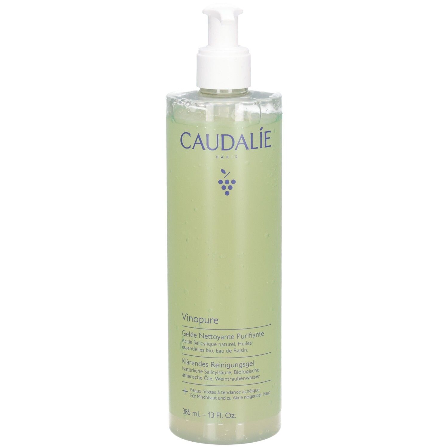 Caudalie Vinopure Reinigungsgel. Transparente Flasche mit Pumpe. Grünliche Flüssigkeit. Produktetikett mit Text.