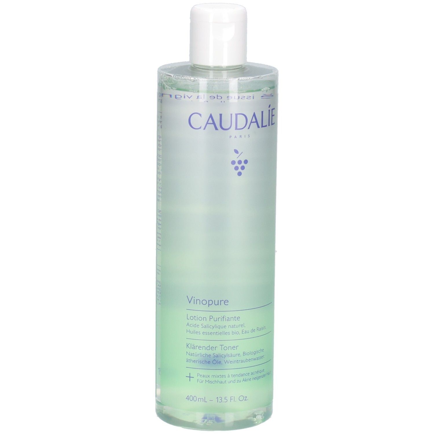 Flasche mit grünlicher Flüssigkeit. Aufschrift CAUDALIE, Vinopure, Klärender Toner. Weißer Deckel.
