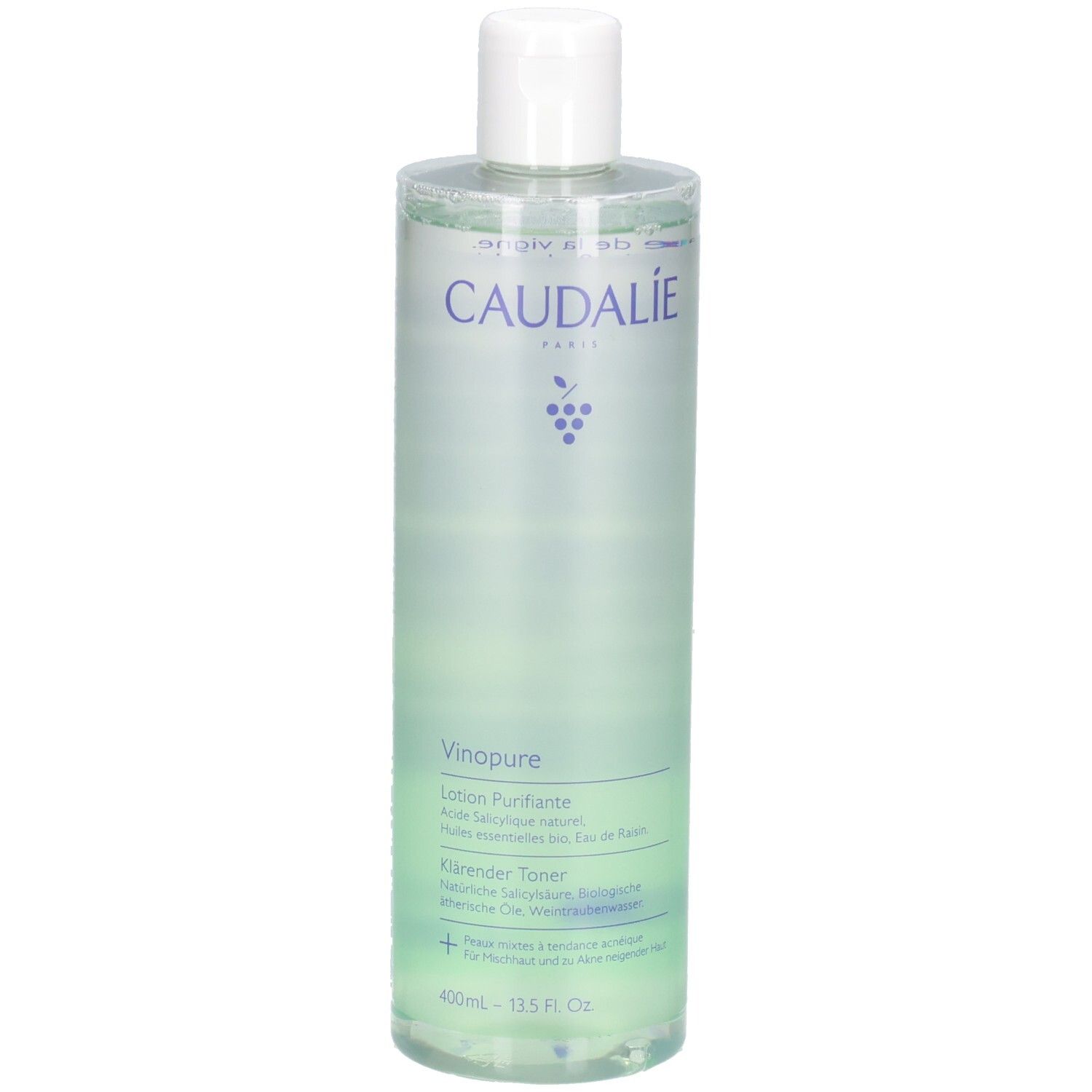Klare Flasche mit grünlicher Flüssigkeit. Weißer Deckel. Aufschrift CAUDALIE, Vinopure, Klärender Toner.