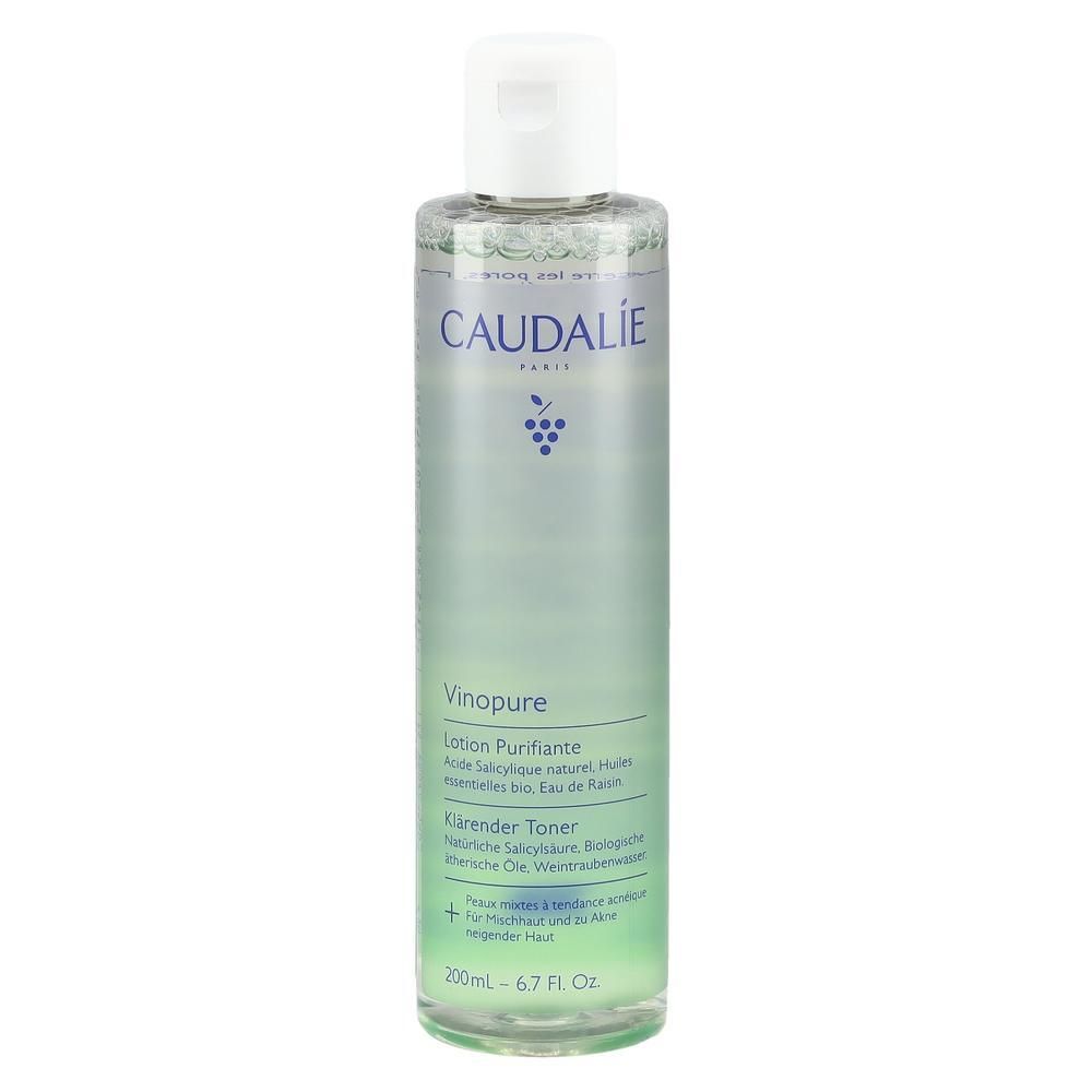Caudalie Vinopure Toner. Transparente Flasche mit weißem Deckel. Produktbezeichnung und Logo sichtbar. Grünliche Flüssigkeit.
