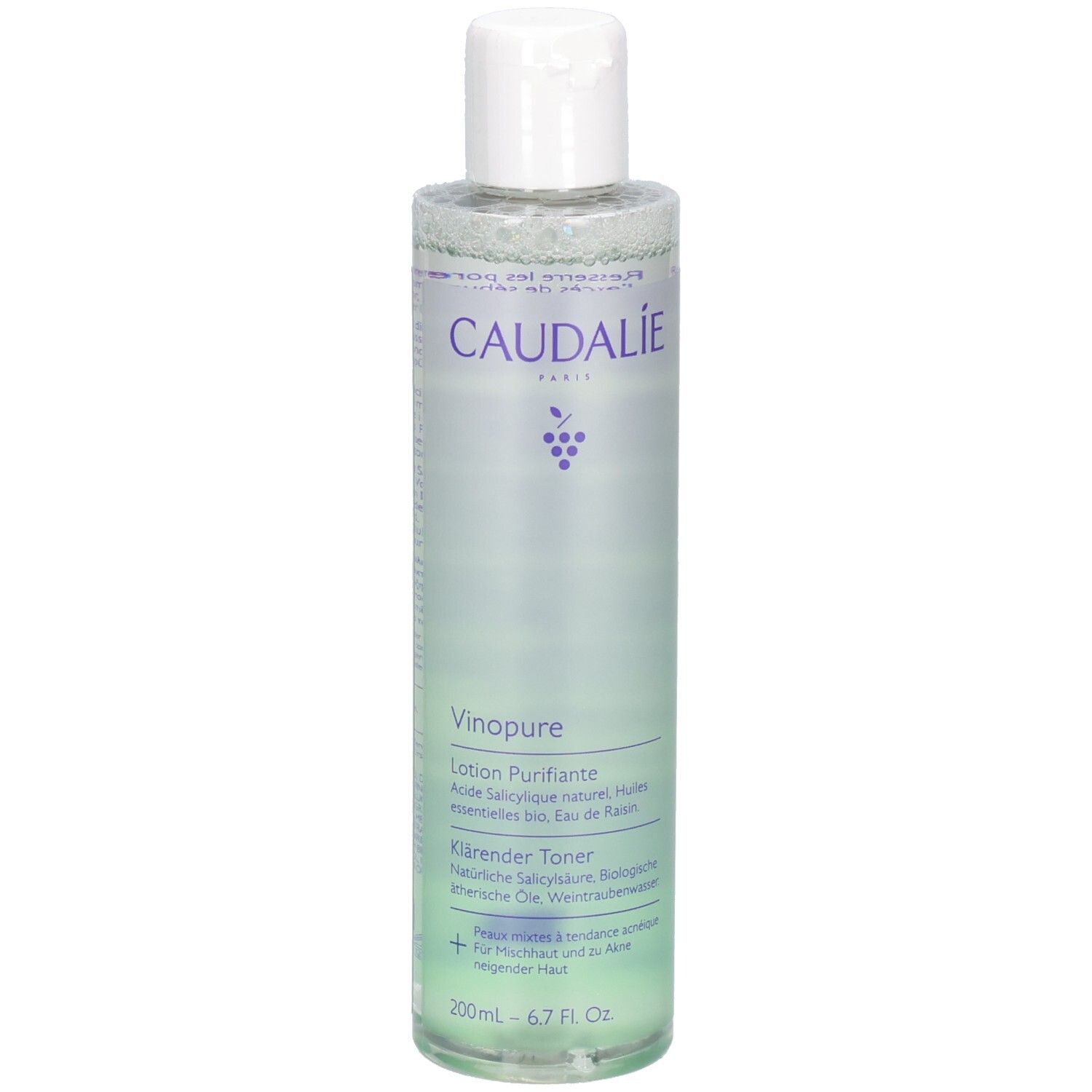 Caudalie Vinopure Toner. Transparente Flasche mit weißem Deckel. Produktbezeichnung und Logo sichtbar. Grünliche Flüssigkeit.
