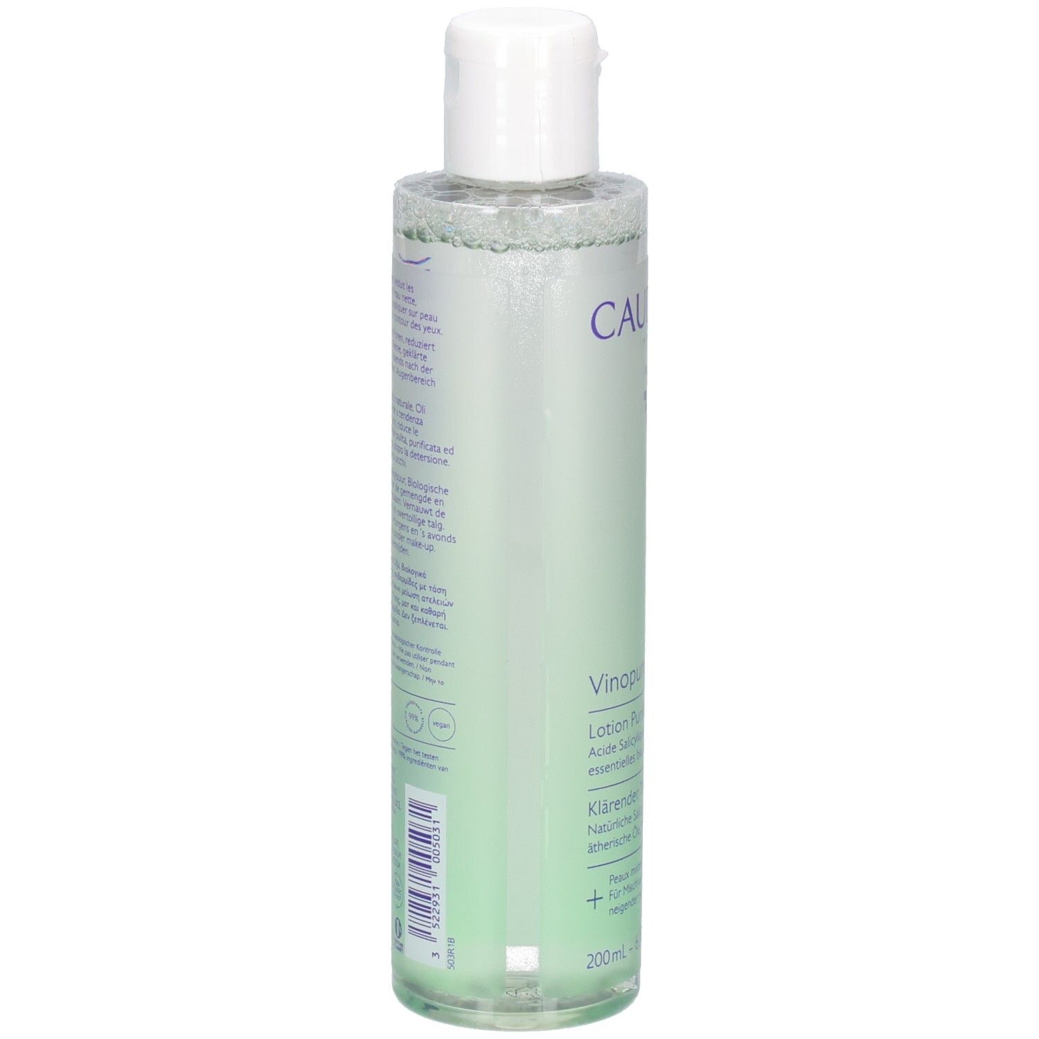 Rückseite der Caudalie Vinopure Toner Flasche. Text und Logos sichtbar. Transparente Flasche mit weißem Deckel. Grünliche Flüssigkeit.