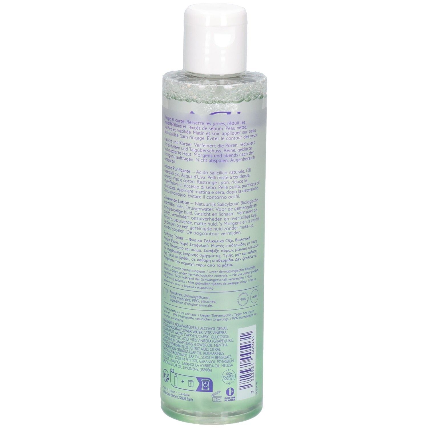 Rückseite der Caudalie Vinopure Toner Flasche. Text und Logos sichtbar. Transparente Flasche mit weißem Deckel. Grünliche Flüssigkeit.