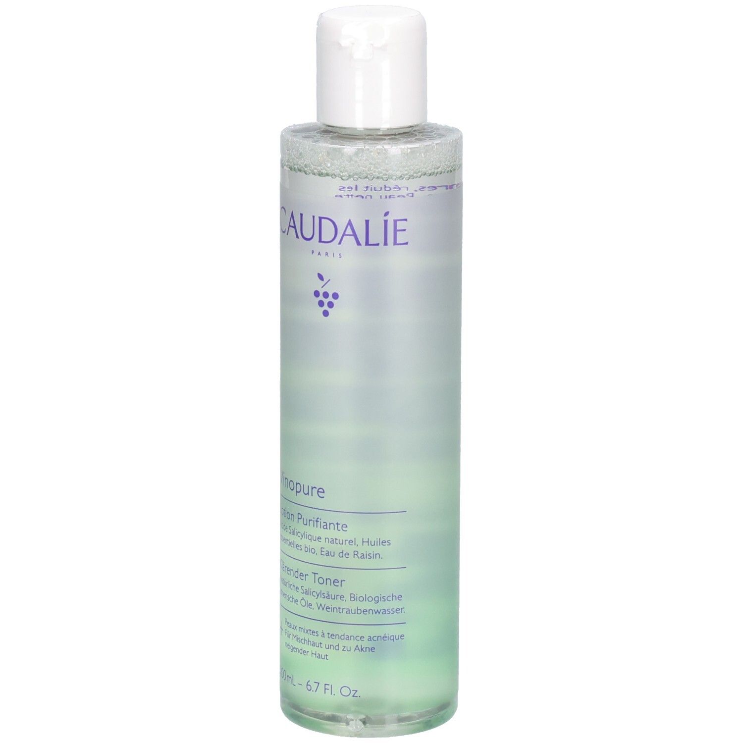 Caudalie Vinopure Toner. Transparente Flasche mit weißem Deckel. Produktbezeichnung und Logo sichtbar. Grünliche Flüssigkeit.