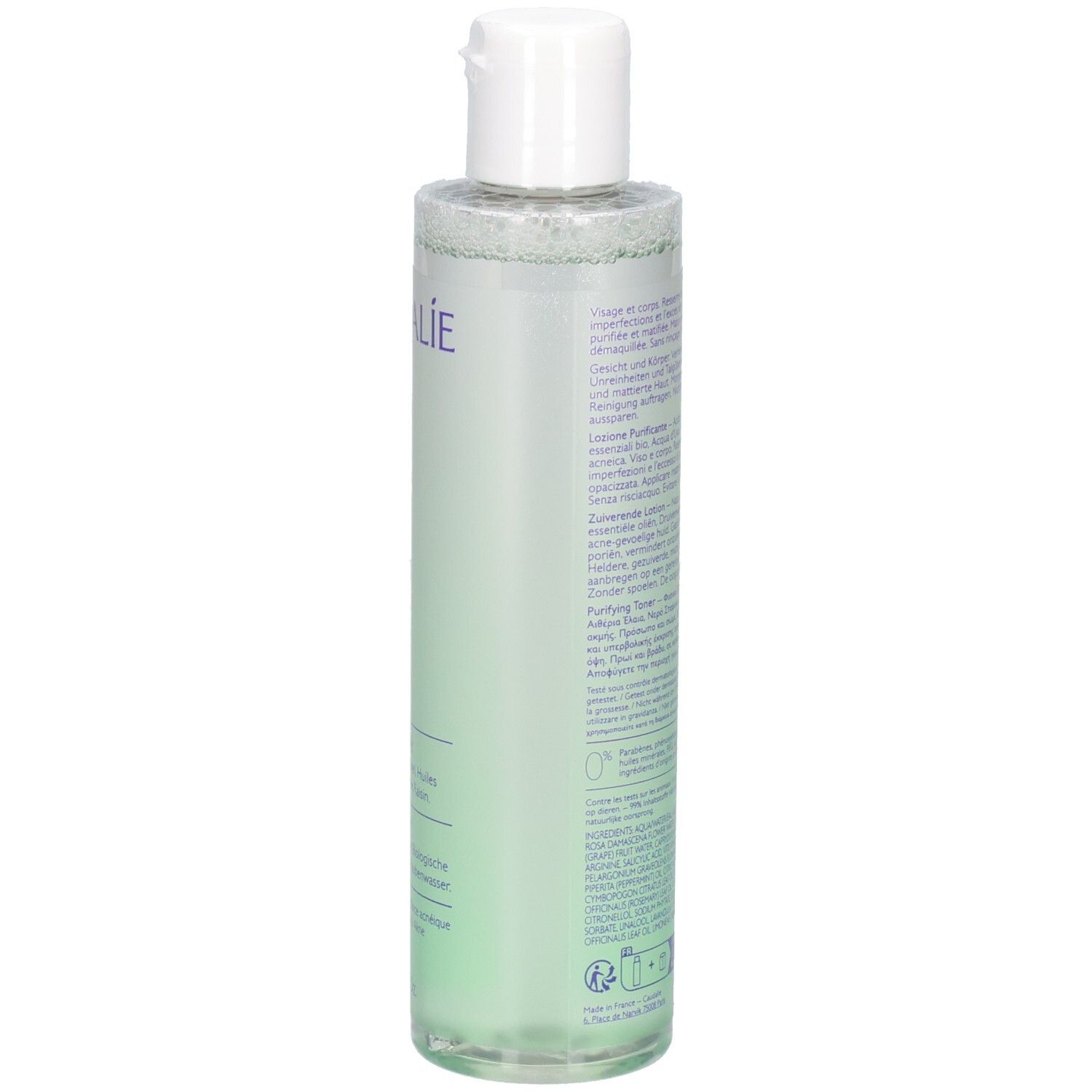Rückseite der Caudalie Vinopure Toner Flasche. Text und Logos sichtbar. Transparente Flasche mit weißem Deckel. Grünliche Flüssigkeit.