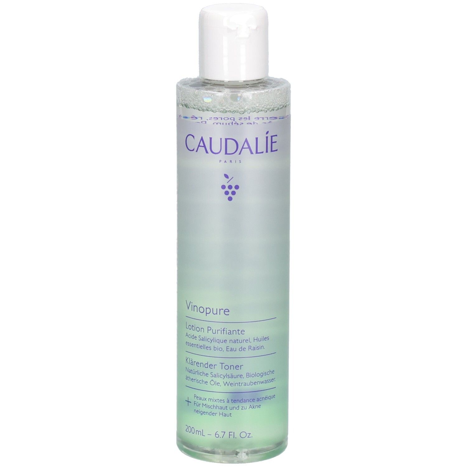 Caudalie Vinopure Toner. Transparente Flasche mit weißem Deckel. Produktbezeichnung und Logo sichtbar. Grünliche Flüssigkeit.
