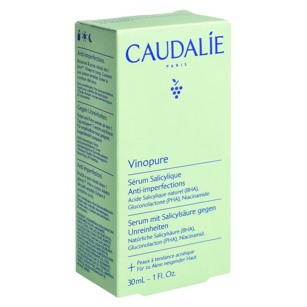 Boîte pliante vert clair avec informations produit. Inscription CAUDALIE, Vinopure, Sérum Salicylique. 30ml.