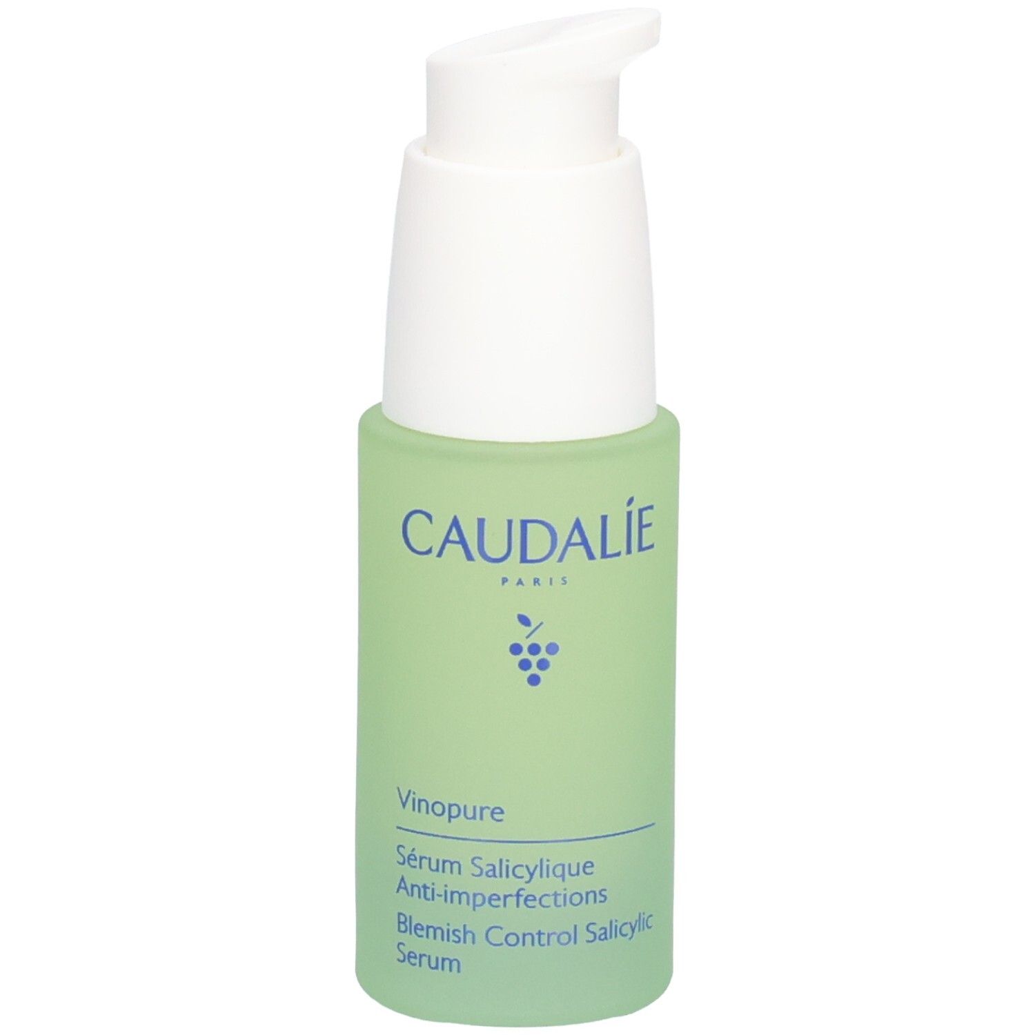 Grüne Flasche mit weißem Pumpkopf. CAUDALIE-Logo und Produktname Vinopure. Beschriftung: Serum Salicylique.