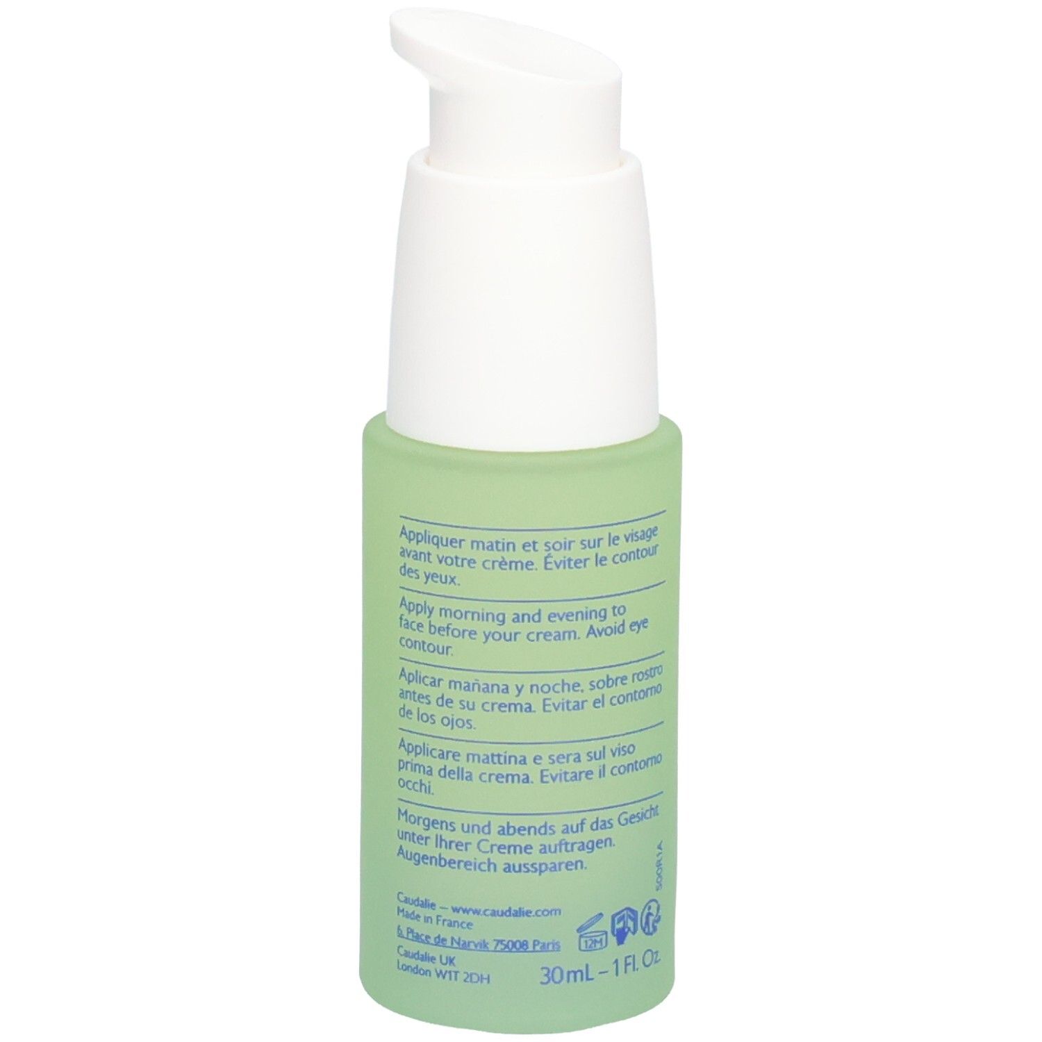 Grüne Flasche mit weißem Pumpkopf. Rückseite mit Text in mehreren Sprachen. Produktname Vinopure.