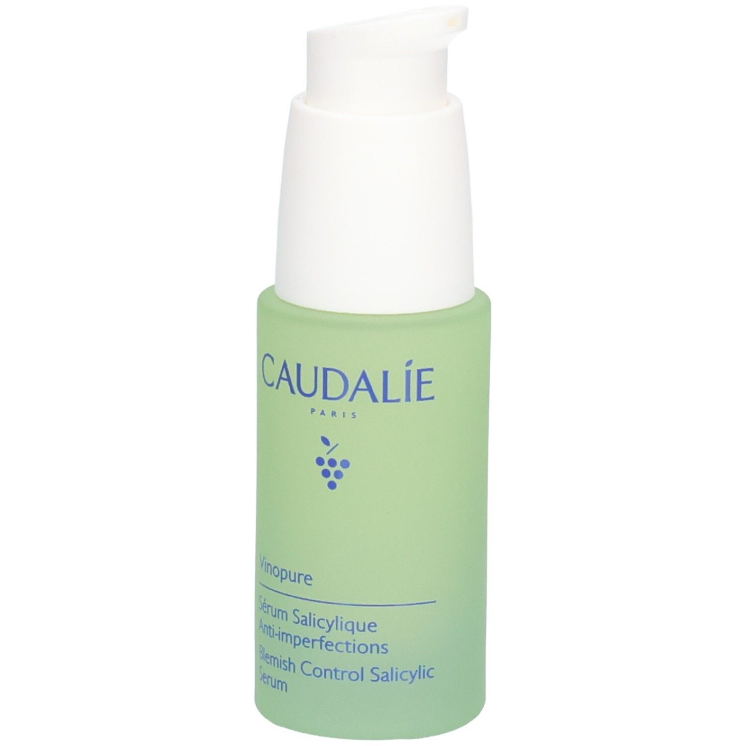 Grüne Flasche mit weißem Pumpkopf. CAUDALIE-Logo und Produktname Vinopure. Beschriftung: Serum Salicylique.