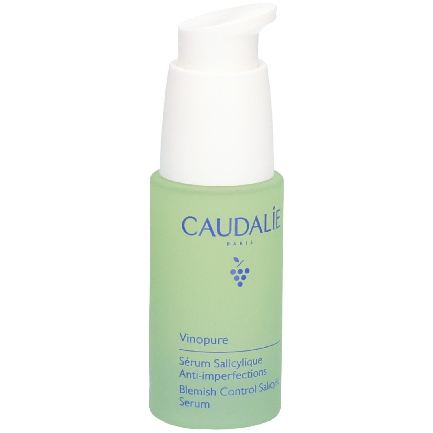 Grüne Flasche mit weißem Pumpkopf. CAUDALIE-Logo und Produktname Vinopure. Beschriftung: Serum Salicylique.
